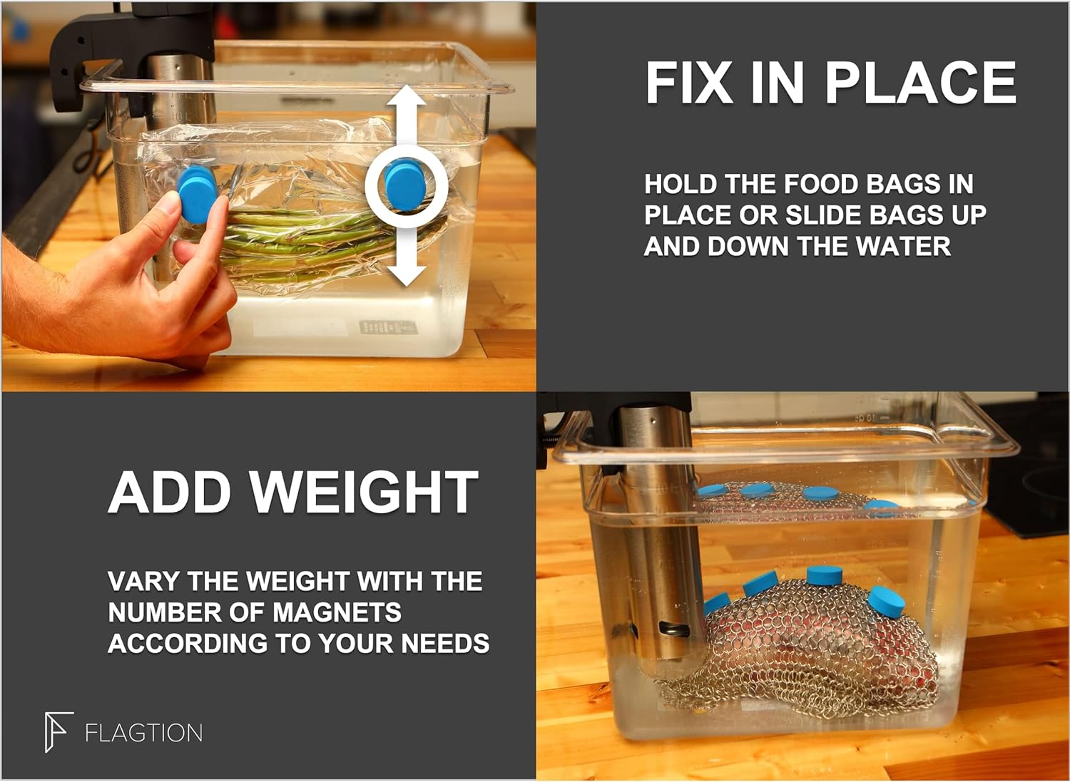 FLAGTION Sous Vide, juego de red de malla de acero inoxidable de grado alimenticio de 1.5 libras y 5 imanes recubiertos de silicona para cocinar al