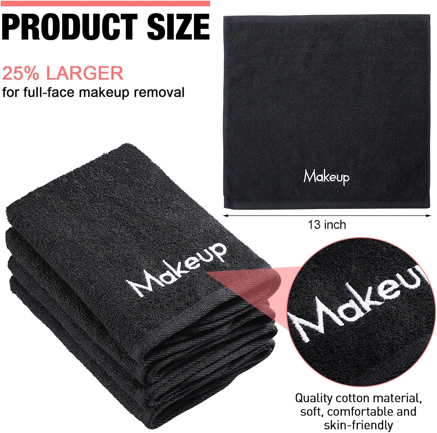Chumia 72 paños removedores de maquillaje de 13 x 13 pulgadas, toallas de maquillaje con bordado negro, reutilizables, toallas faciales suaves para