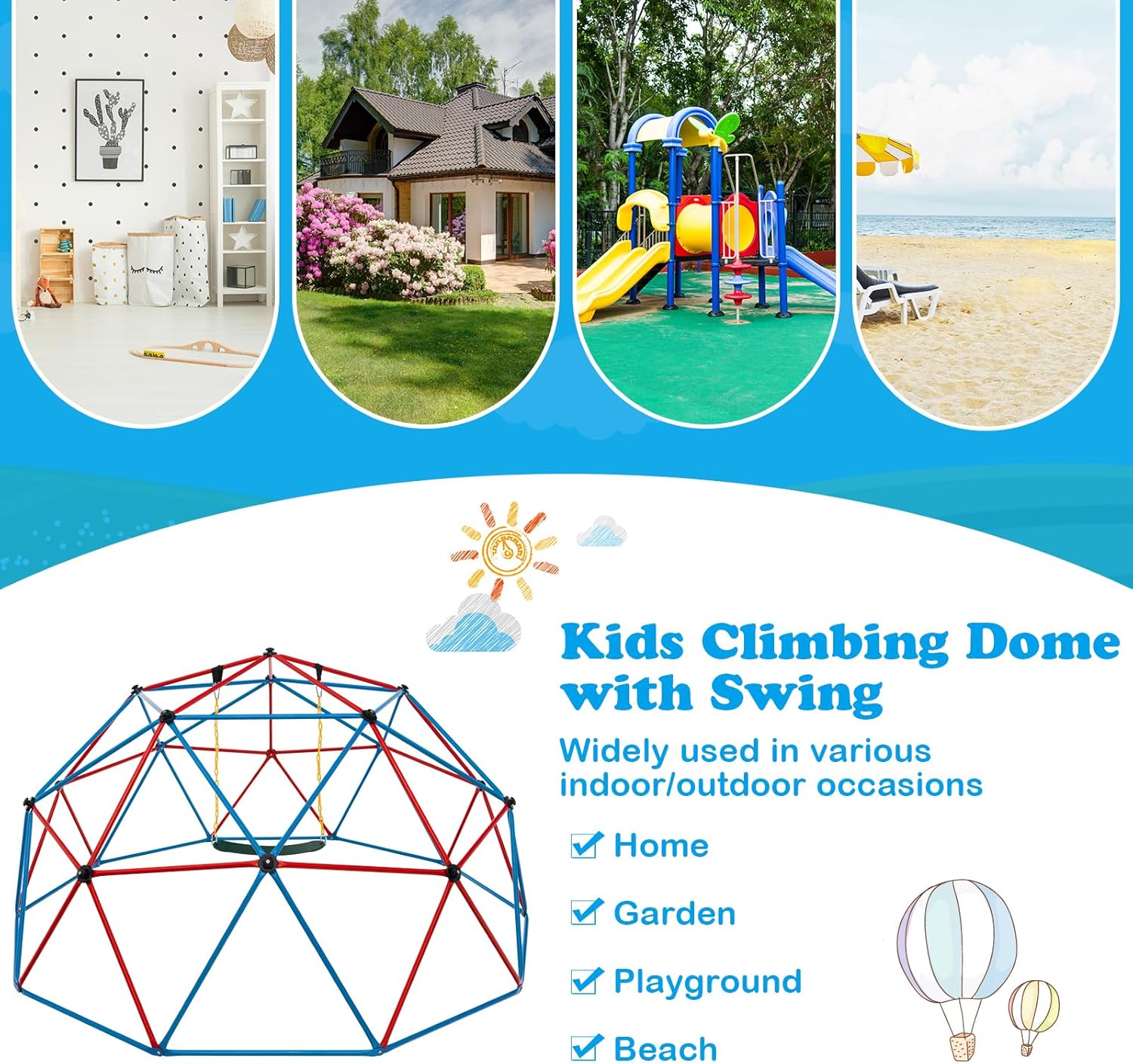 HONEY JOY Cúpula de escalada de 10 pies con columpio, barra de mono mejorada para patio trasero, juguetes de escalada al aire libre para niños