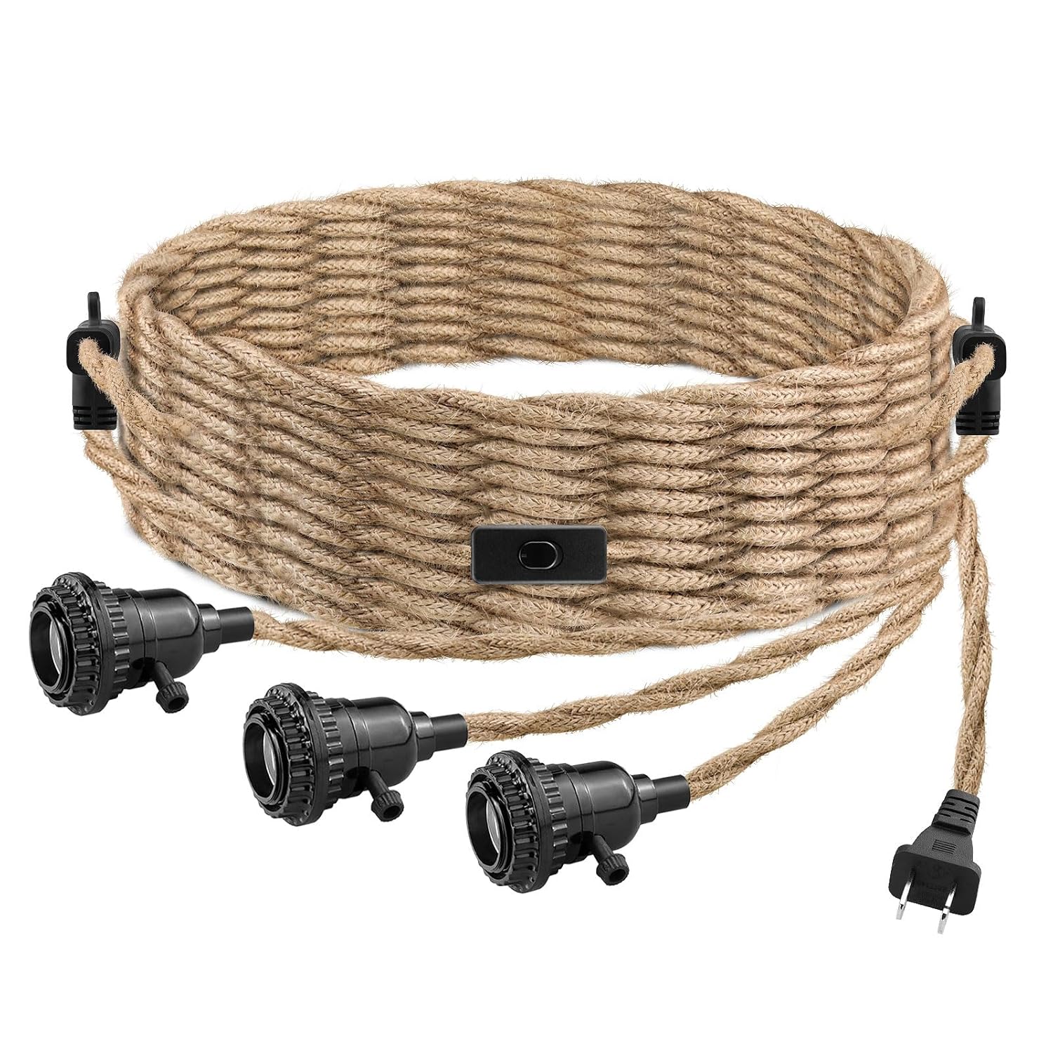 LYOOWNG Cable de luz colgante de 3 luces, luces colgantes de 25 pies con cable de enchufe, kit de luces colgantes de cuerda de cáñamo con