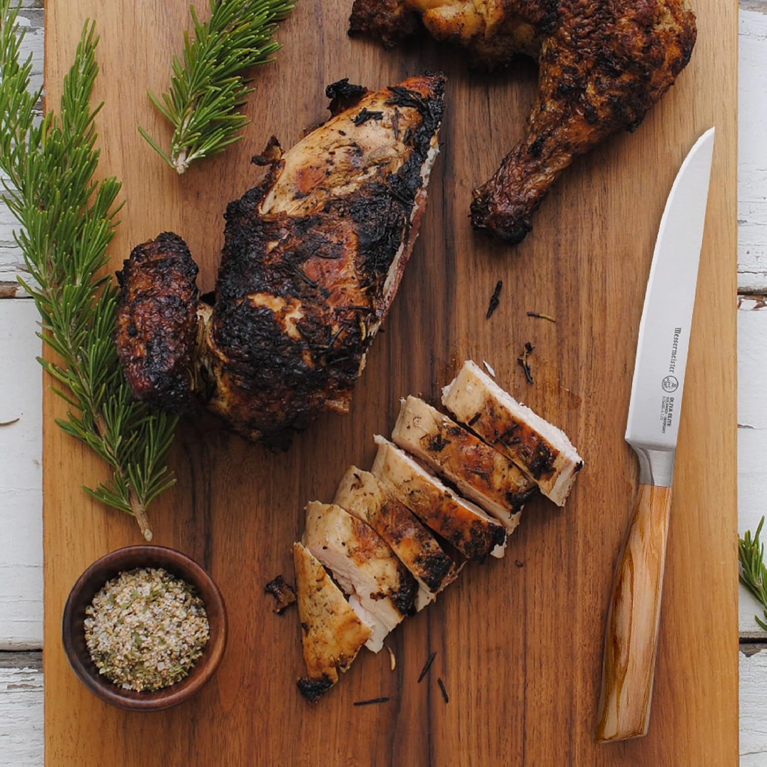 Messermeister Oliva Elite – Juego de cuchillos para carne de filo fino, hoja fina de aleación de acero alemán y mango de madera de olivo
