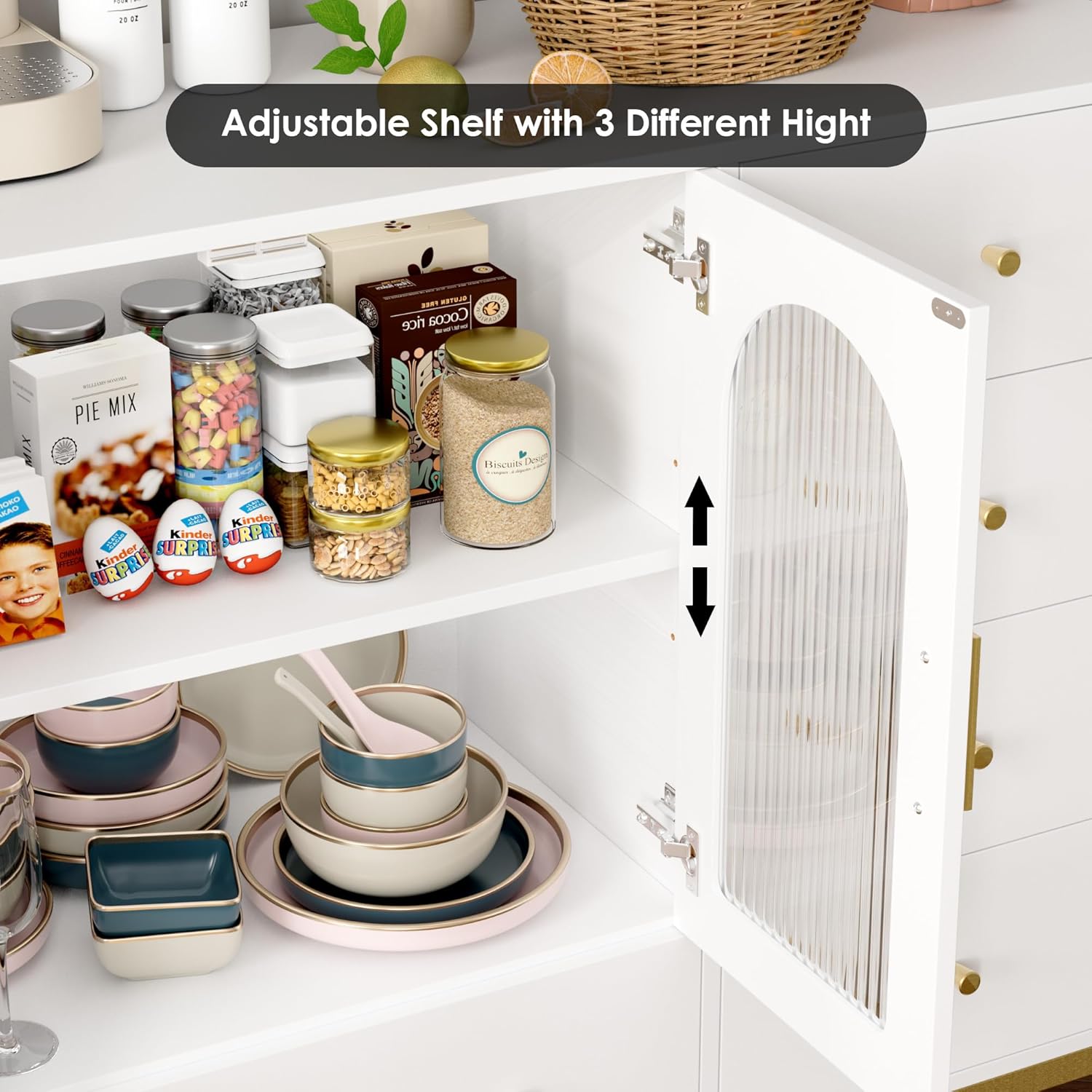 Aparador de buffet con almacenamiento, aparador de buffet, gabinete de barra de café con puertas de vidrio estriado y patas doradas, armarios de