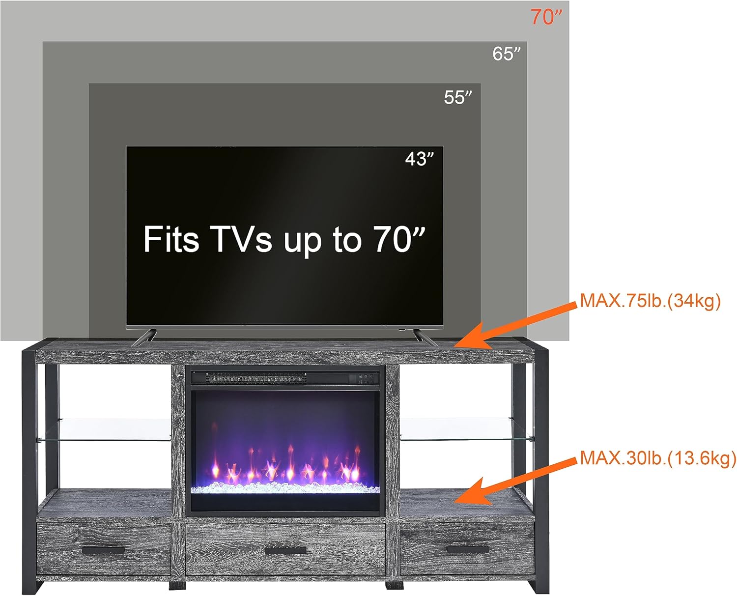 Bellemave Soporte eléctrico de TV con chimenea para televisores de hasta 70 pulgadas, centro de entretenimiento de madera con 3 cajones, consola