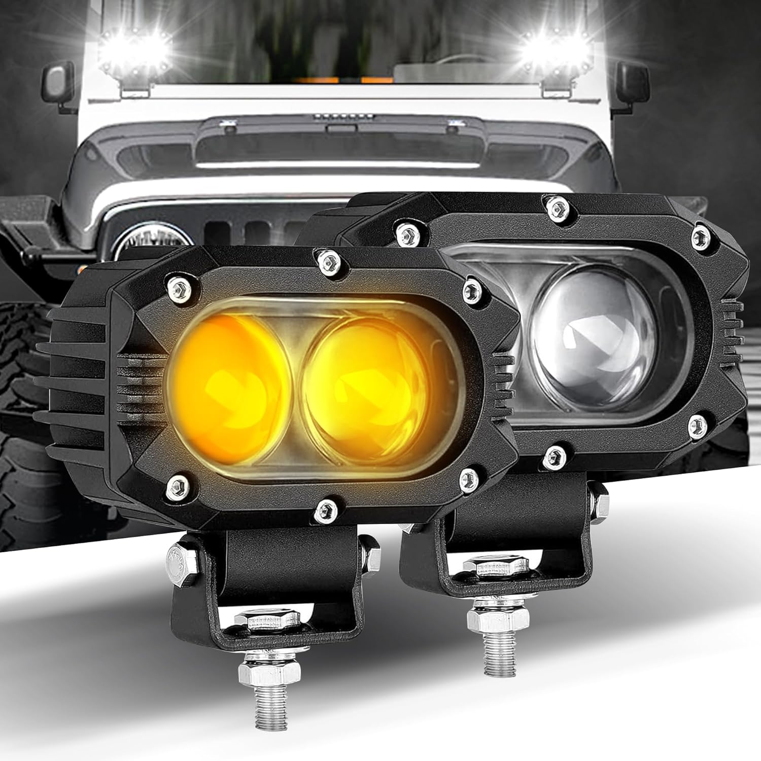 Nicoko Barra de luces LED blanca y amarilla, luces antiniebla de 4 pulgadas, 60 W, luces de trabajo para motor, SUV, ATV, camión, barco, tractor,
