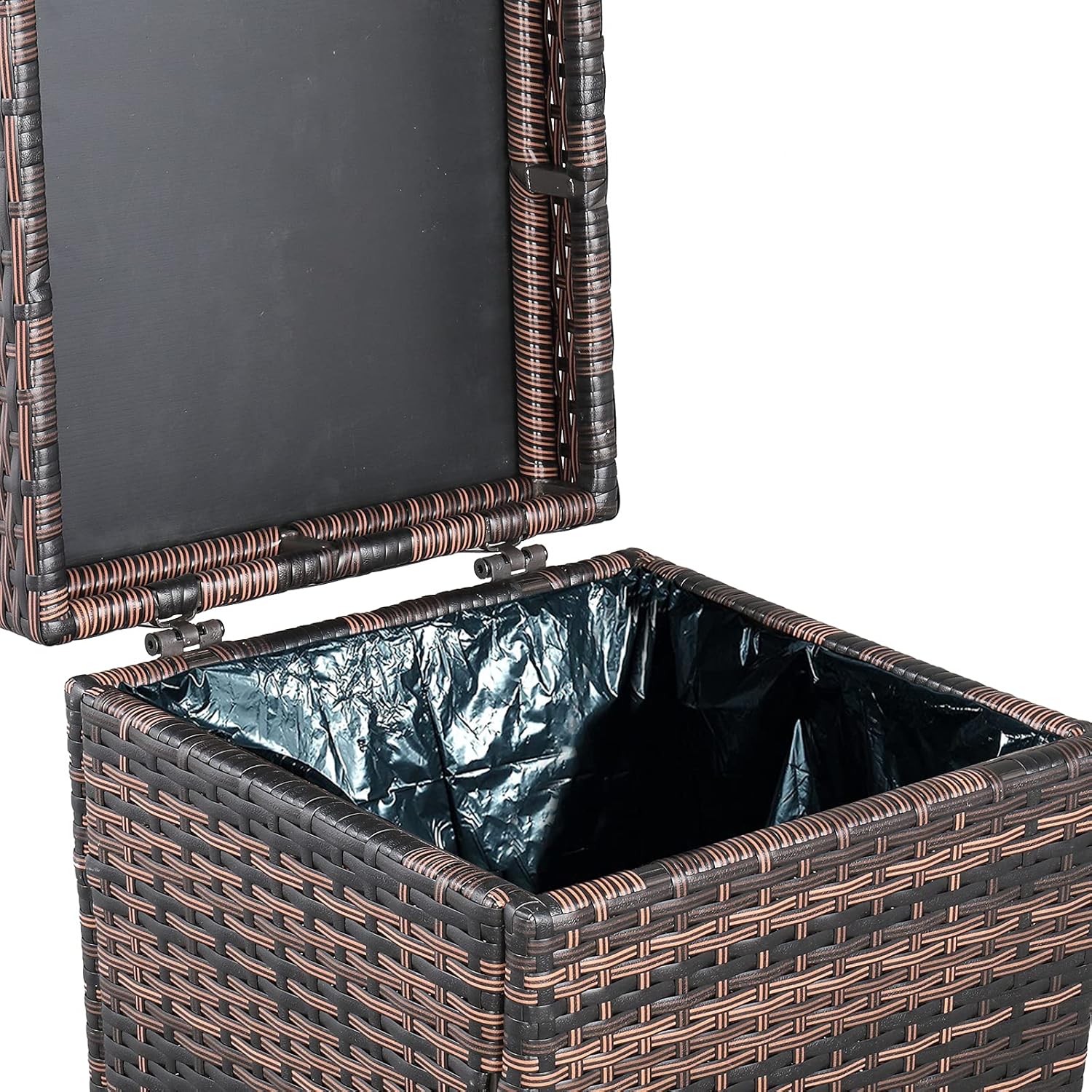 HomVent Cubo de basura de mimbre para exteriores de 26.7 galones, cesta de basura de mimbre con tapa, cesta de reciclaje de mimbre para patio,