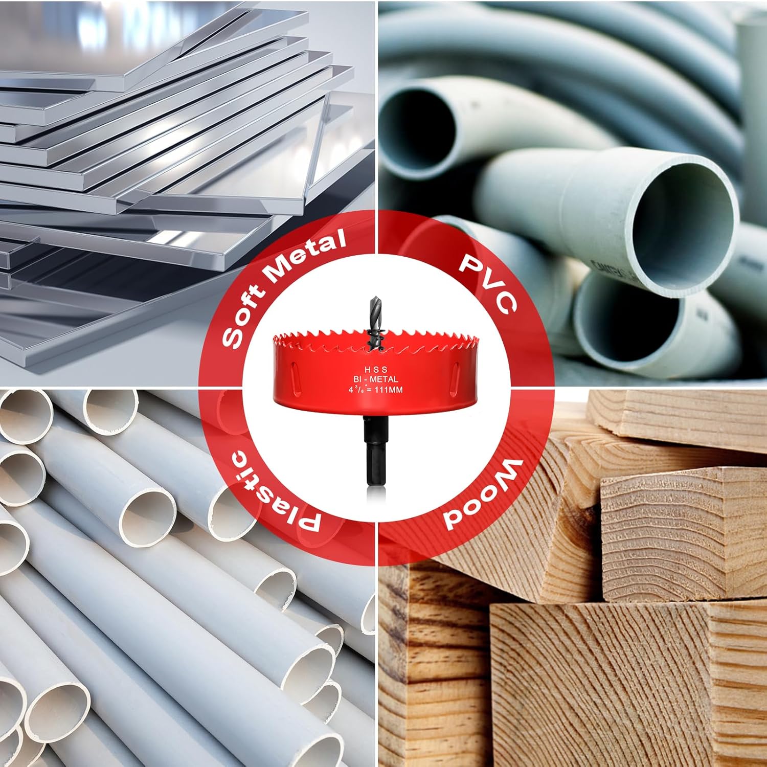 Sierra perforadora de 4 38″ (111 mm) para madera, cortador de agujeros bimetálico HSS con broca piloto para luces empotradas, tableros de PVC, fibra