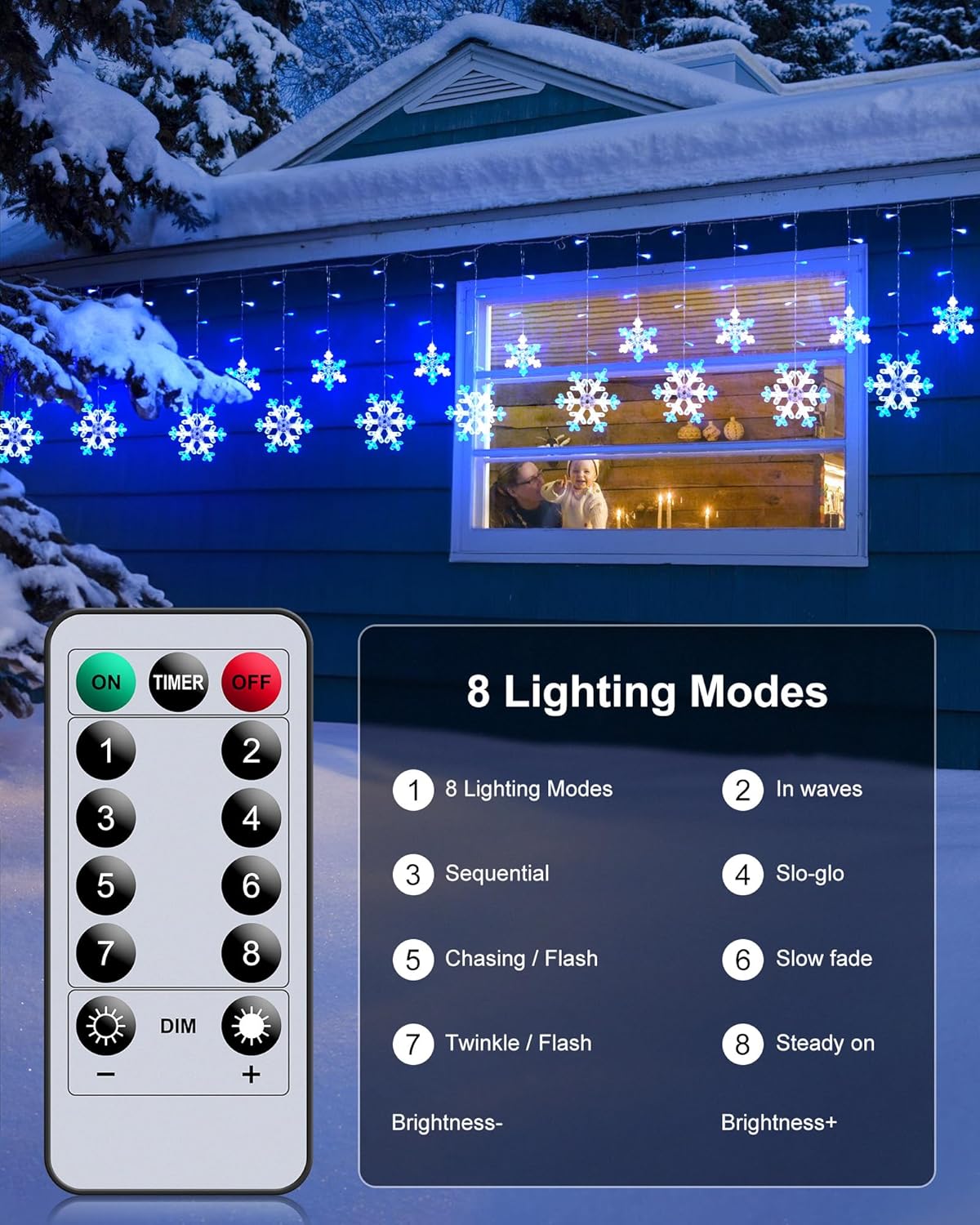 Minetom Luces de carámbano de copo de nieve de Navidad para exteriores, 13 pies, 16 gotas, 192 luces LED de copo de nieve, conectables para