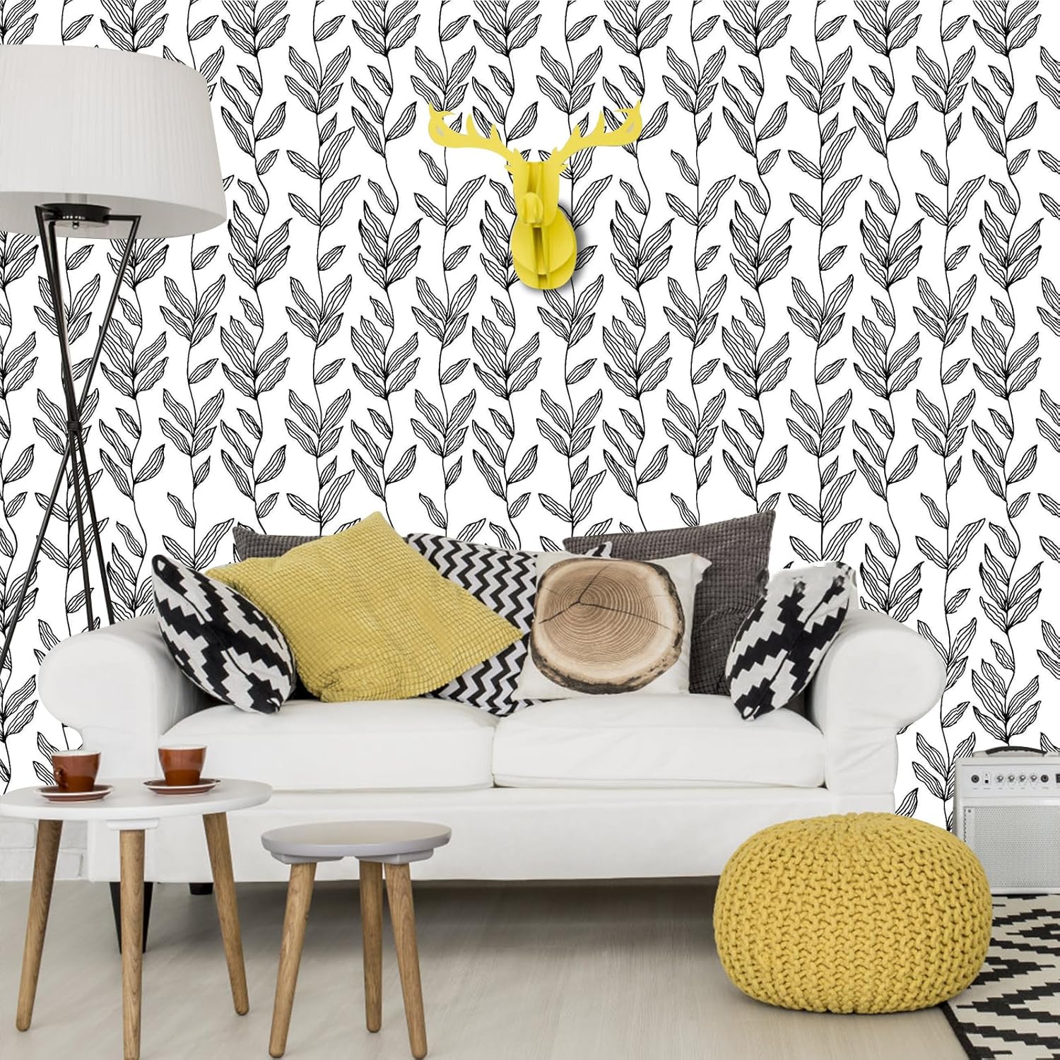 Papel tapiz autoadhesivo extraíble en blanco y negro, papel de contacto con hojas florales, moderno vinilo impermeable para cubrir paredes,