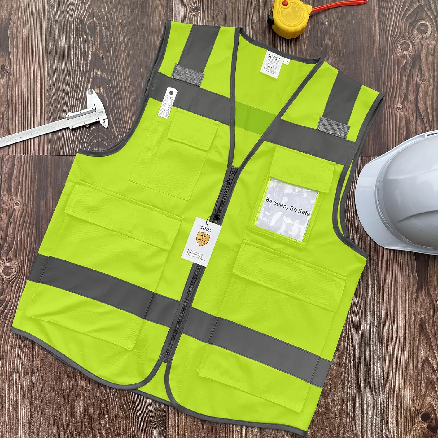 TCCFCCT Chaleco de seguridad reflectante de alta visibilidad con 5 bolsillos con cremallera, chaleco de trabajo Hi Vis, con tira horizontal para