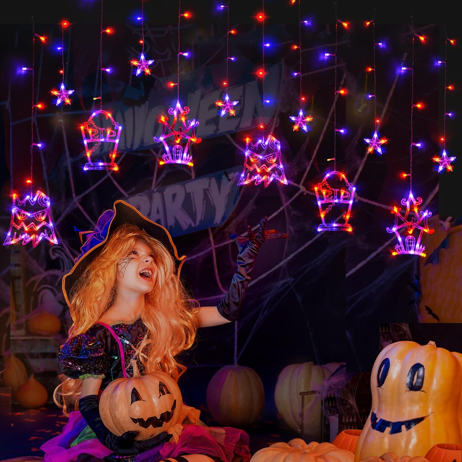 LOLStar Guirnalda de luces de Halloween para ventana, color naranja y morado, decoraciones de Halloween, lápida de árbol y castillo, 183 luces LED