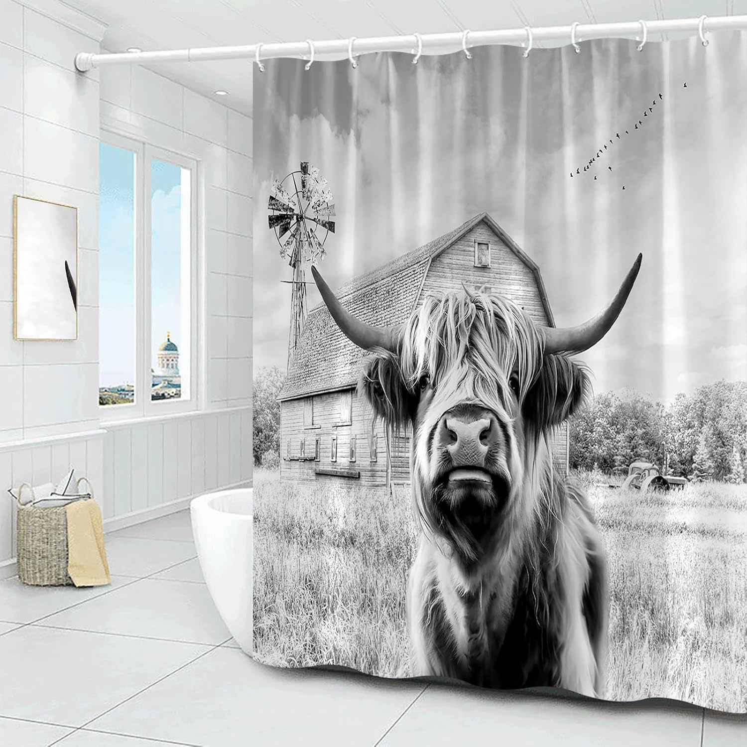 Highland Cow Western – Cortina de ducha rústica con diseño de animales de granja, molino de viento antiguo, vida silvestre, toro, granja, juego de