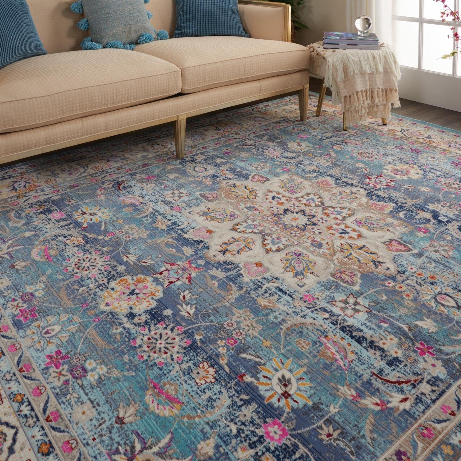 Nourison Vintage Kashan – Alfombra tradicional azul de 7 pies 10 pulgadas x 9 pies 10 pulgadas, fácil de limpiar, no se desprende, para dormitorio,