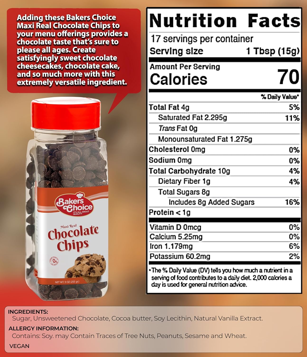 Chips de chocolate semidulces Maxi – Sin lácteos, Kosher – 9 oz. – Baker’s Choice