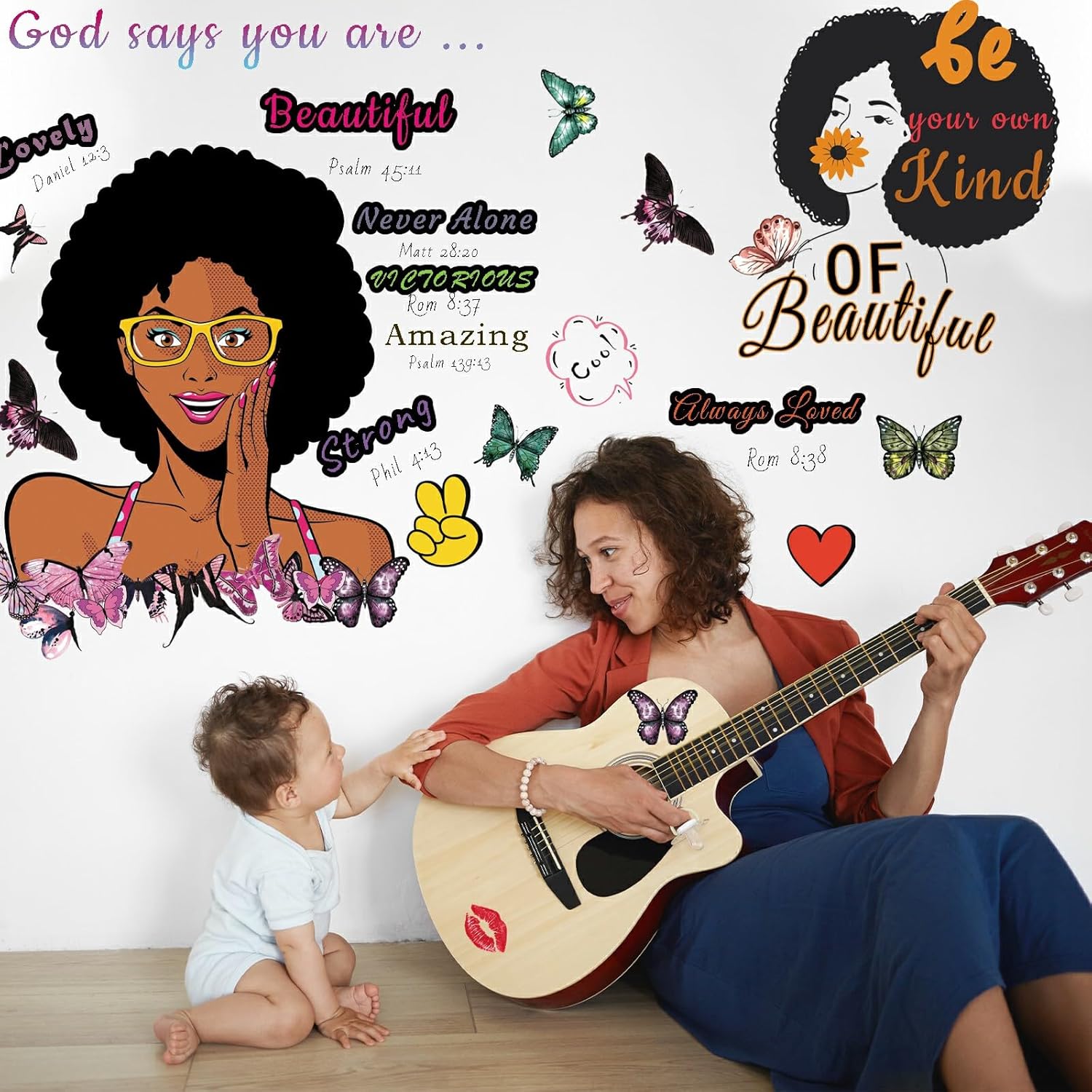 Calcomanía de pared de niña negra, decoración de otoño para el hogar, calcomanía de mariposa para decoración de pared para dormitorio de niños, sala