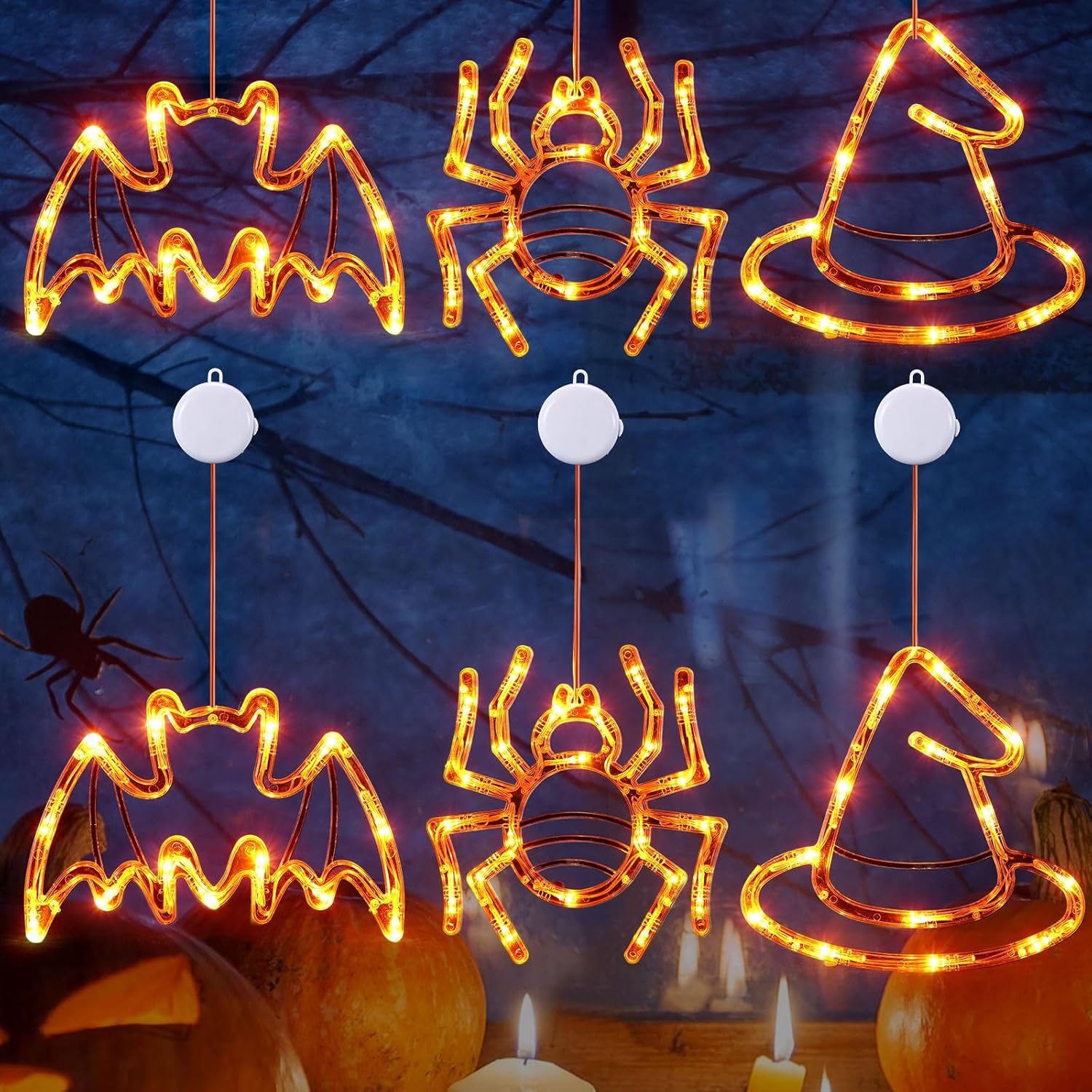 6 luces de Halloween para ventana, luces colgantes de ventana, luces naranjas, araña, fantasma, luces LED naranjas con ventosa para decoración de