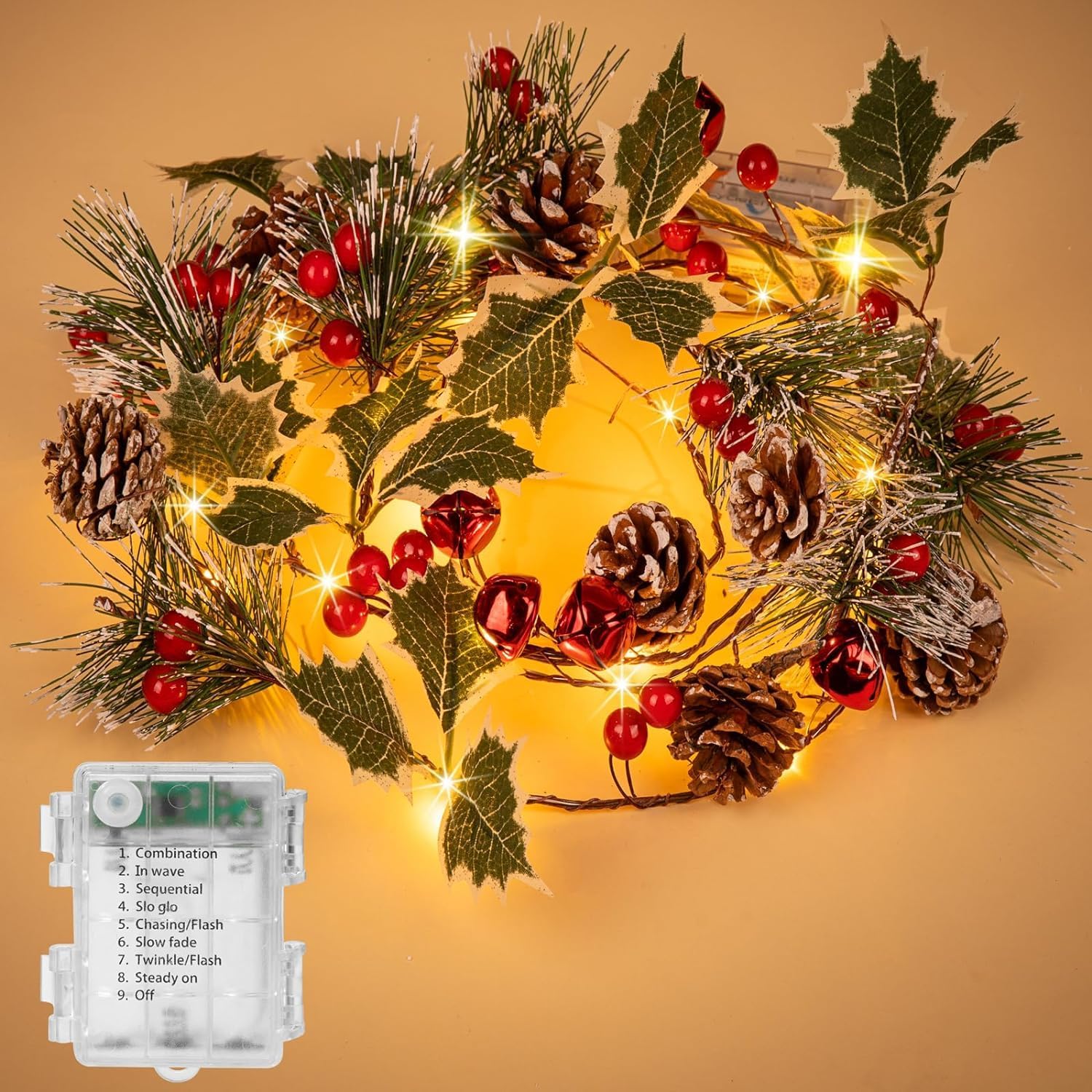 Guirnalda de luces de Navidad de 6 pies con 20 luces LED de conos de pino de bayas rojas, guirnalda de luces LED para decoración del hogar de Navidad