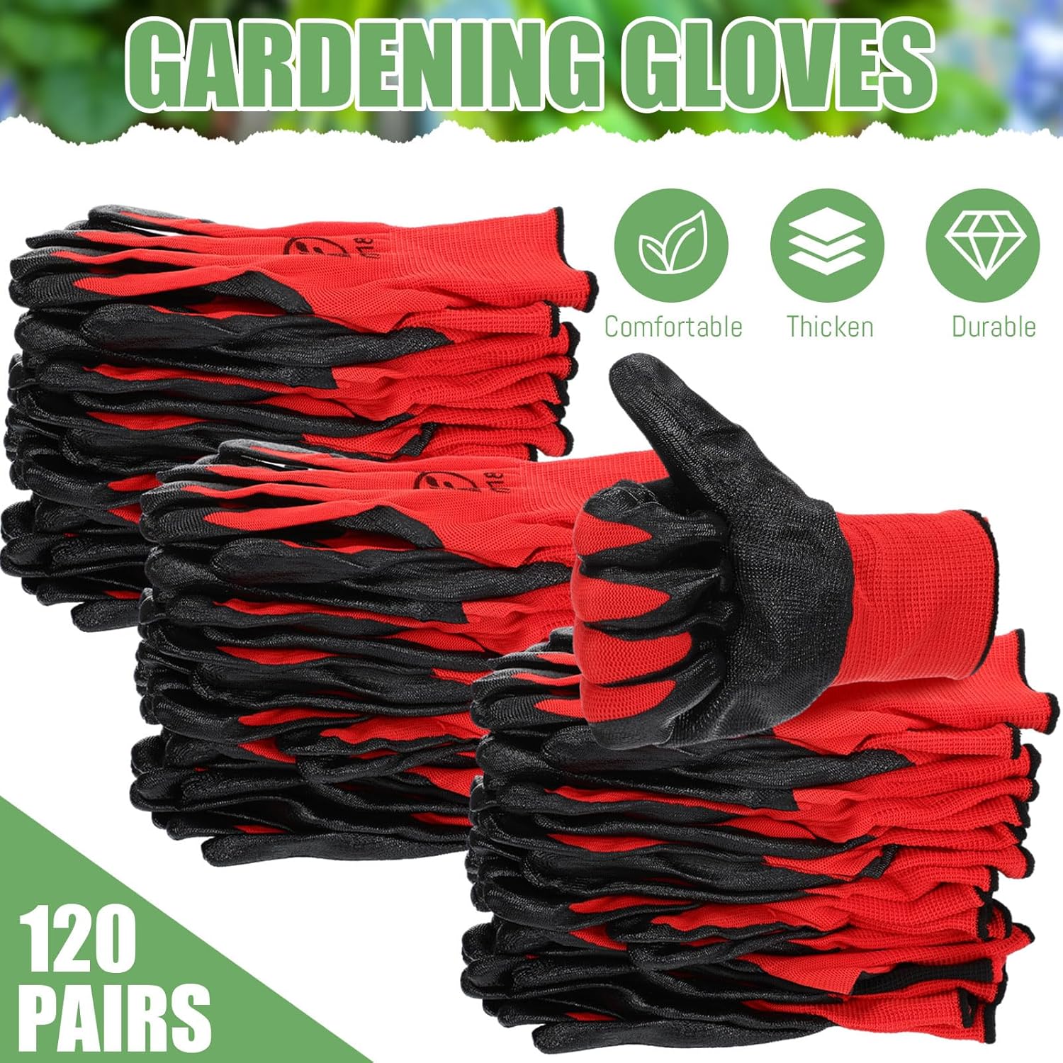 Sintuff 120 pares de guantes de jardinería para mujeres y hombres, guantes de jardín antideslizantes con revestimiento de goma transpirable a granel
