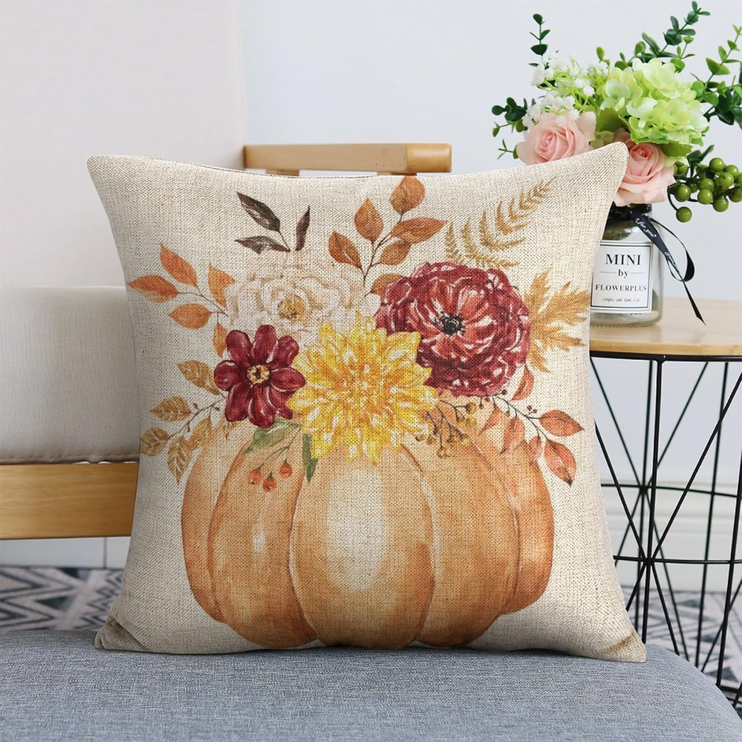 Juego de 2 fundas de almohada de calabaza naranja otoñal de 18 x 18 pulgadas, juego de 2 fundas de almohada cuadradas decorativas de lino con flores