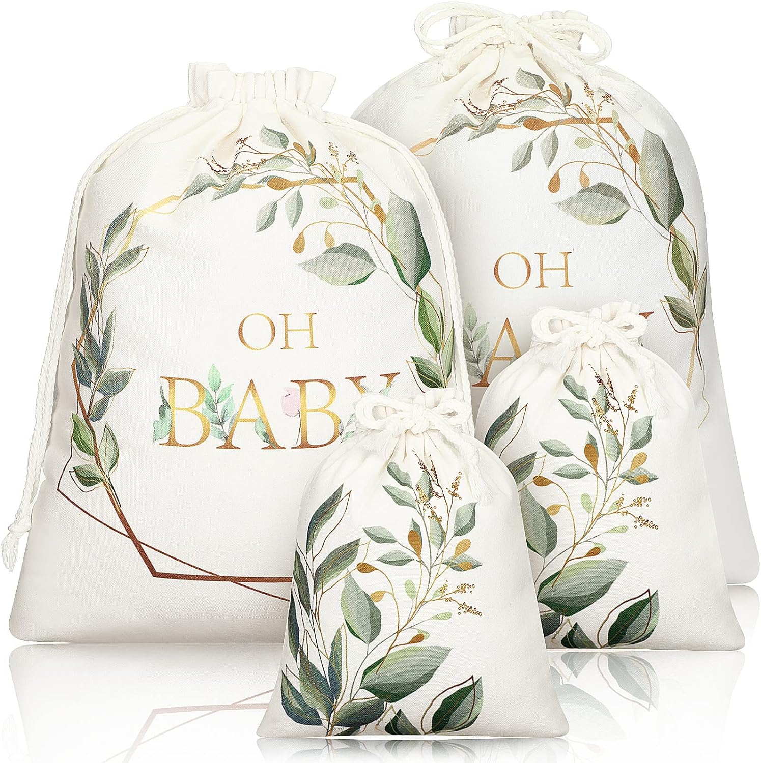 Tudomro 4 bolsas de regalo grandes con cordón para baby shower, bolsas de regalo de lona con estampado de vegetación, bolsas de regalo de