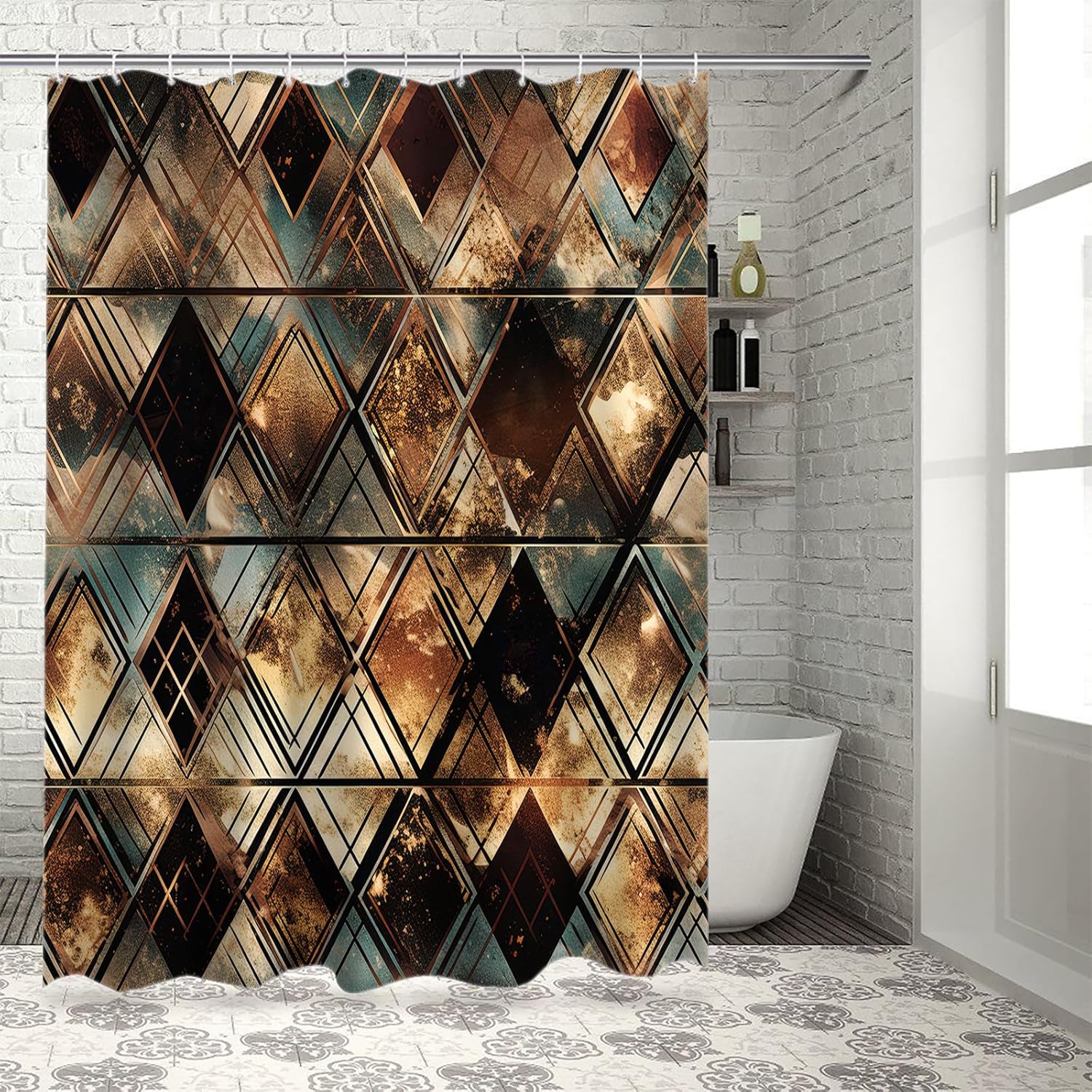 Juego de cortinas de ducha impermeables con 12 ganchos, diseño geométrico de rombos dorados, negro, azul, 72 x 72 pulgadas, cortina de ducha para