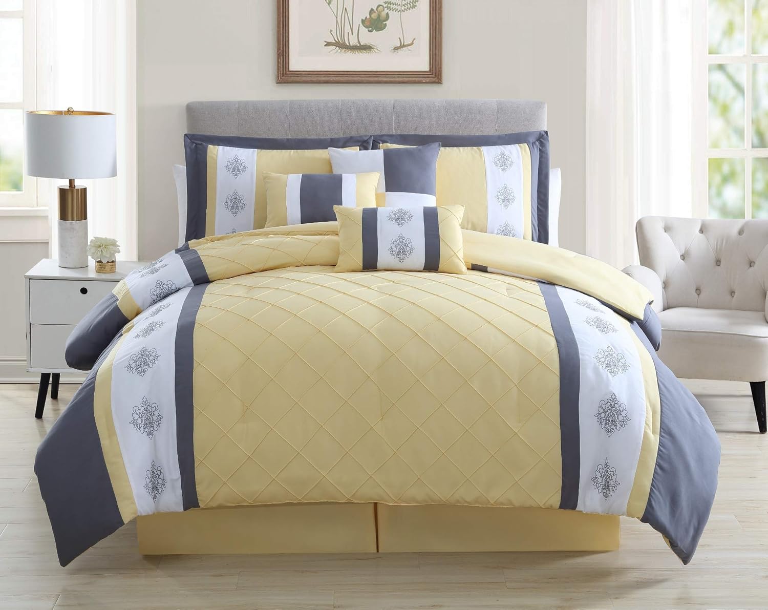 Chezmoi Collection Boston Juego de ropa de cama de 7 piezas, diseño de celosía con rayas, acolchado, costura pinsonic, plisado, Poliéster & Mezcla