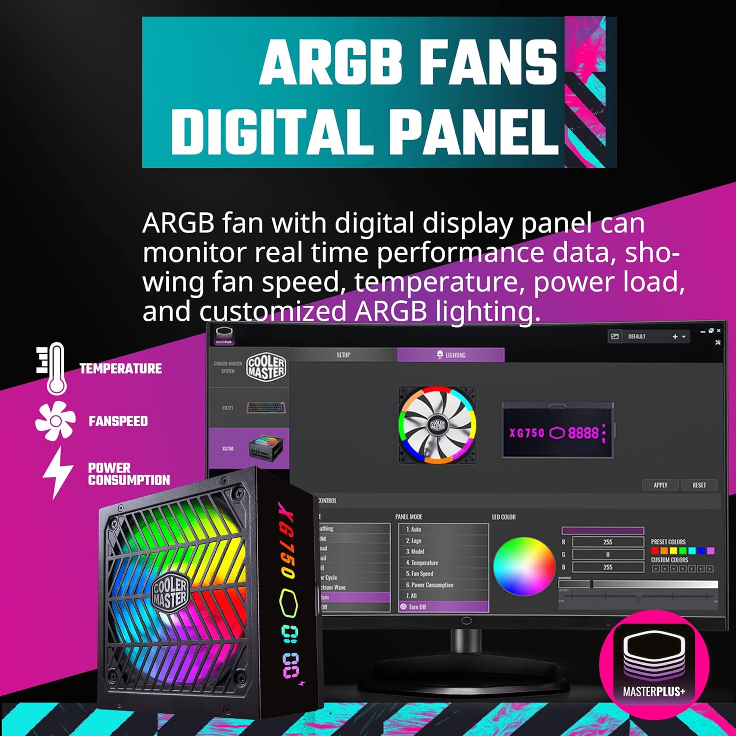 Cooler Master XG750 Plus Platinum ARGB totalmente modular, 750W, panel de visualización de información incorporado, ventilador silencioso ARGB 5.315
