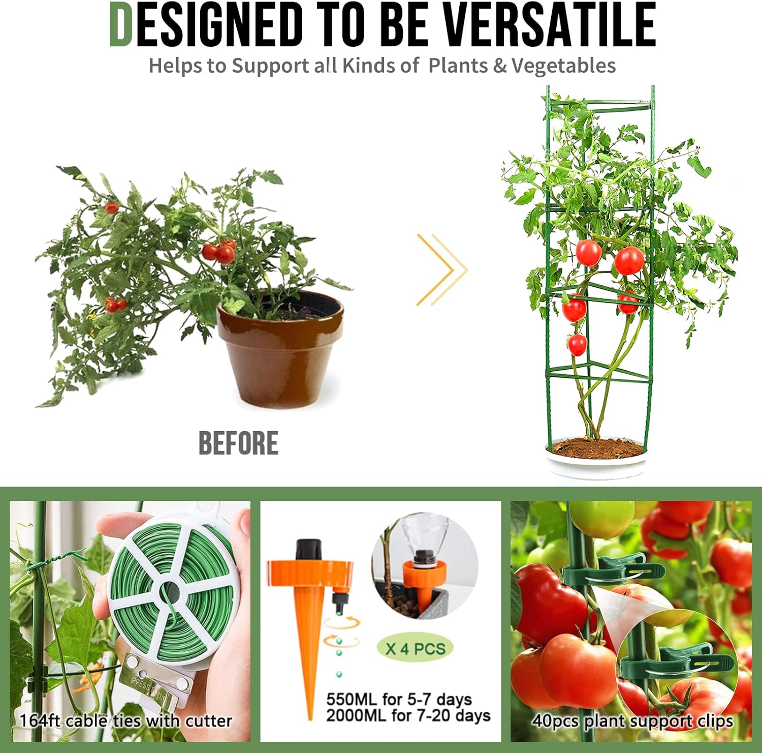 Jaulas de tomate  Soporte de estacas para plantas de jardín (paquete de 6 unidades de 49 pulgadas4 paquetes de 67 pulgadas) con lazos para plantas