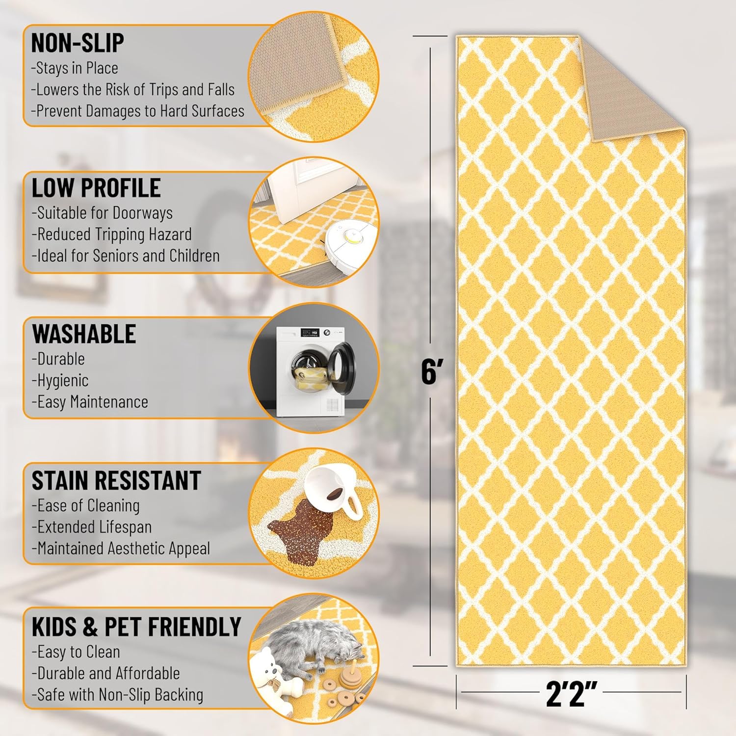 Ottomanson Glamour Collection – Tapete largo con diseño de enrejado marroquí y respaldo de caucho antideslizante para interiores, color amarillo,
