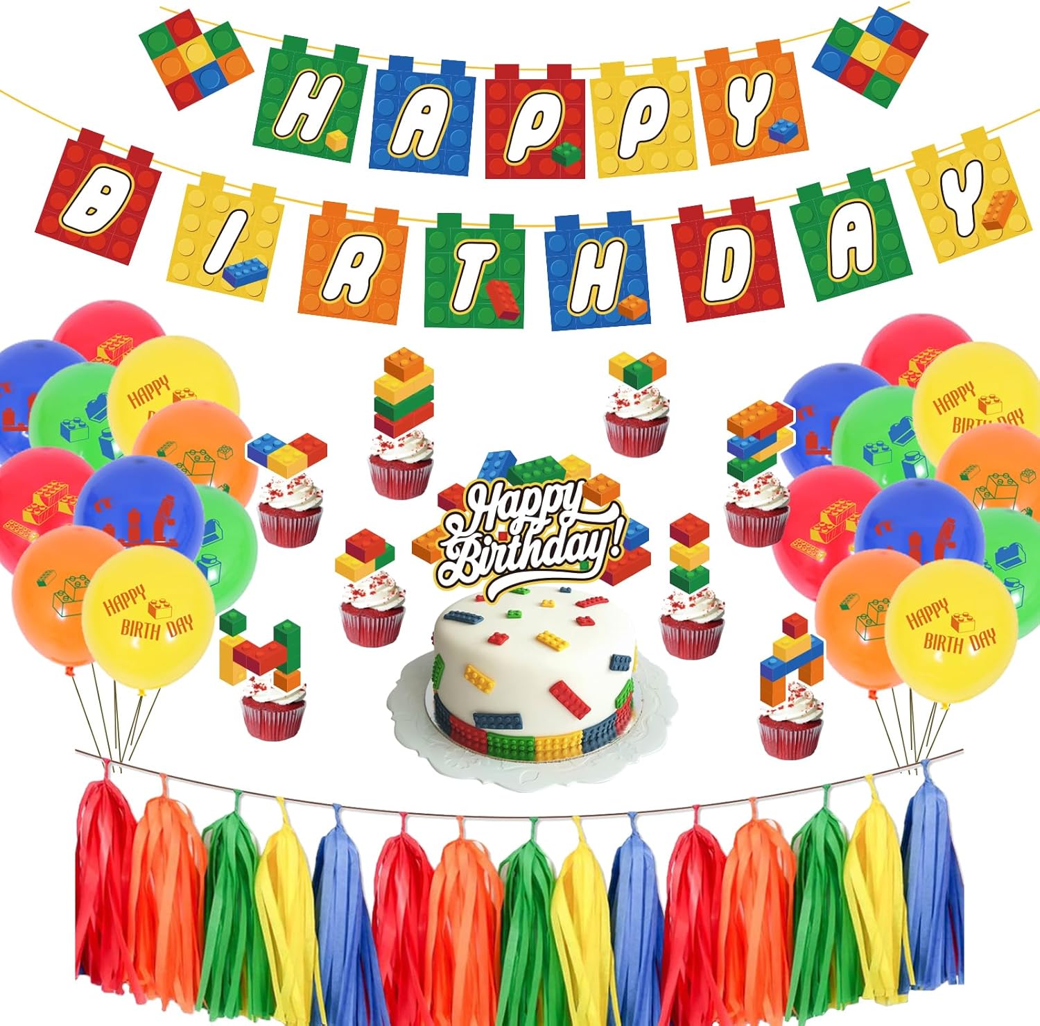 PRATYUS Decoraciones de cumpleaños de bloques de construcción para niños, suministros de fiesta temática de ladrillo y bloque con pancarta,