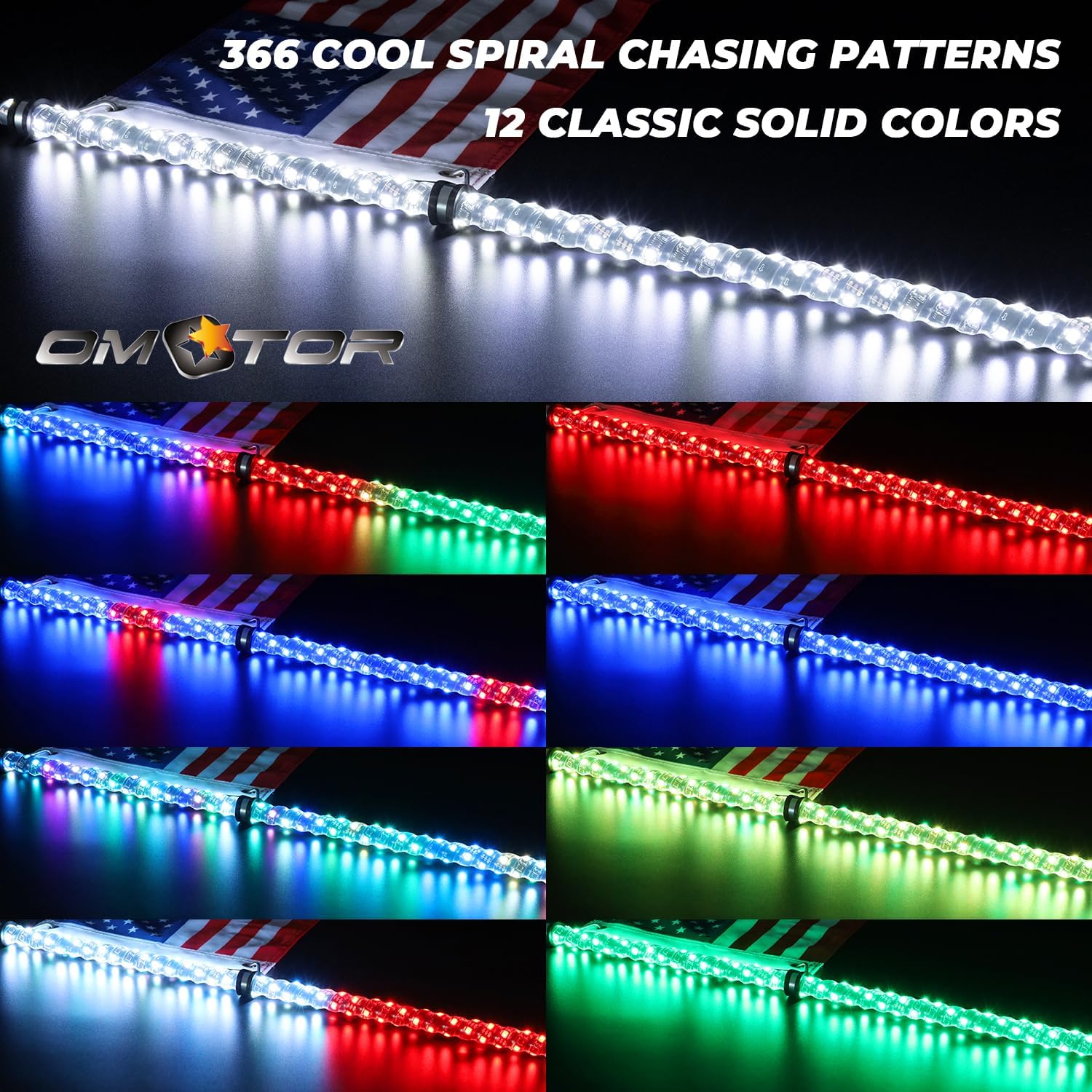 Luz LED blanca pura de 3 pies en espiral RGB Chase Light Offroad 360 Spiraling Rising Dream Wrapped Dancing Whips