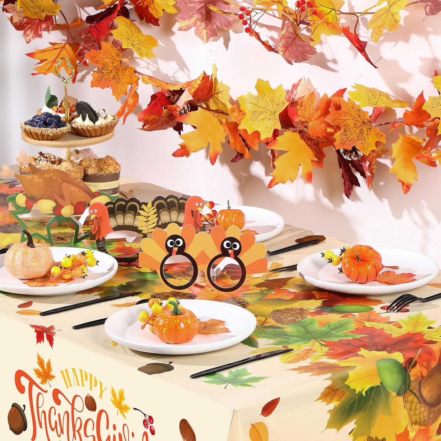 Newwiee 3 manteles de plástico con texto en inglés “Happy Thanksgiving”, manteles de pavo de otoño de 54 x 108 pulgadas, desechables, suministros de