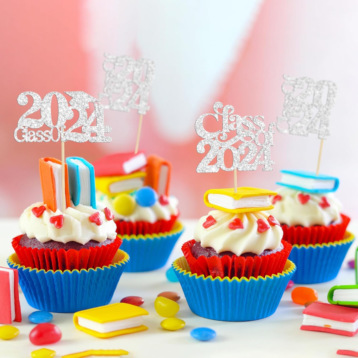 Paquete de 30 decoraciones para cupcakes de graduación 2023 con purpurina para la clase de 2023, decoraciones para la clase de 2023, suministros de