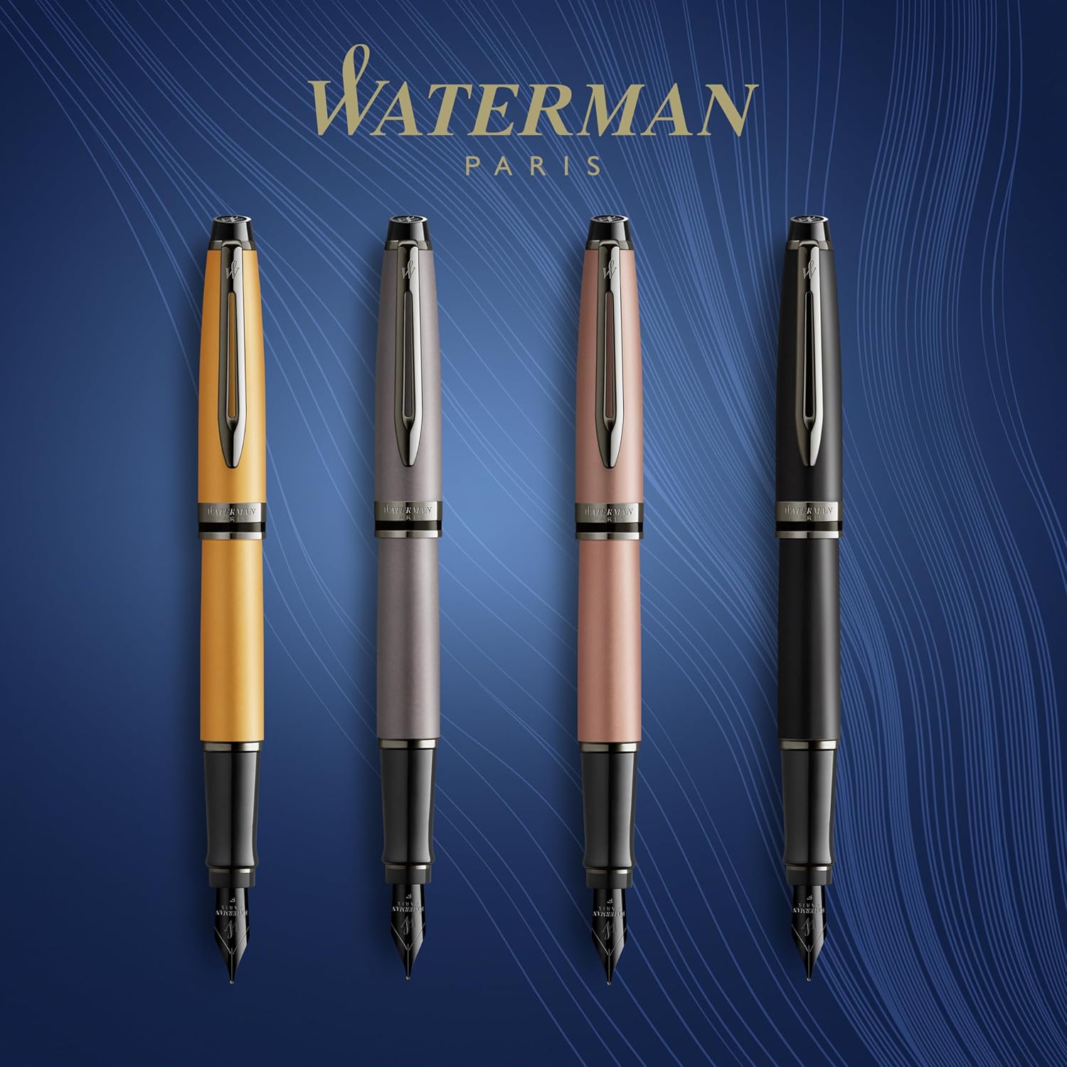Waterman Bolígrafo Expert  Laca dorada metálica con ribete de rutenio  Punta media  Tinta azul  Con caja de regalo