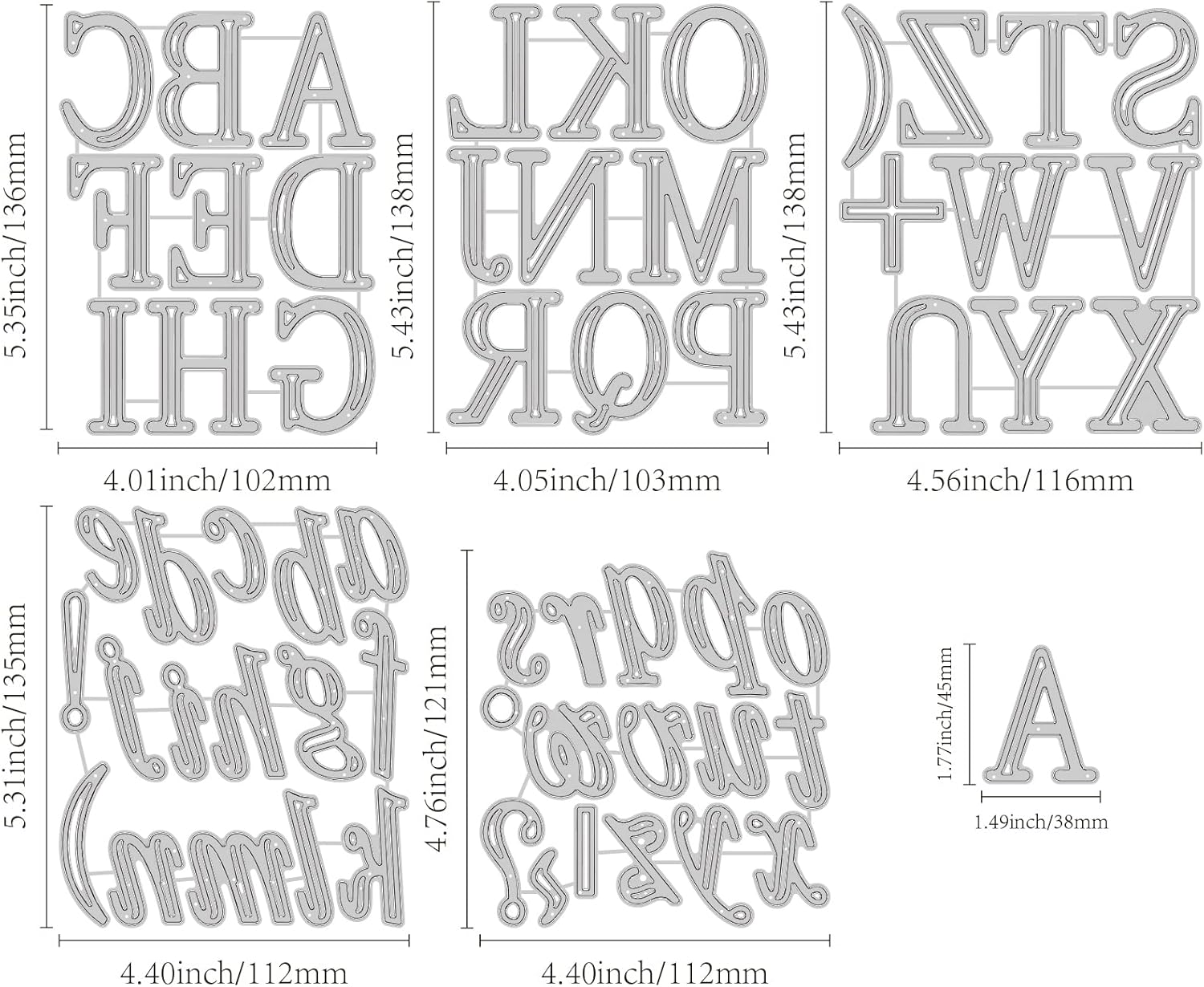 ORIGACH 1.49 x 1.77 pulgadas, 26 troqueles de corte del alfabeto, minúsculas, 26 letras del alfabeto, troqueles de metal del alfabeto A-Z para