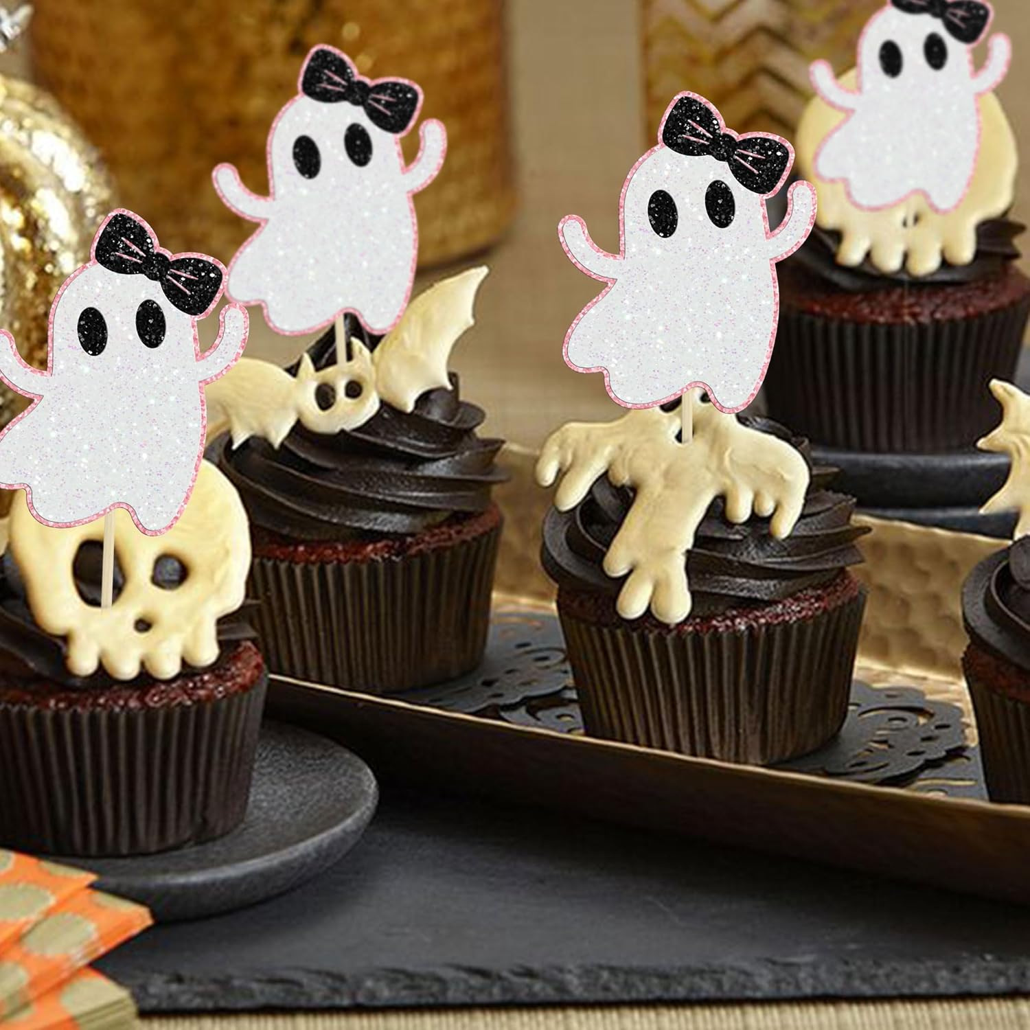 Gyufise 24 adornos de fantasmas para cupcakes con purpurina rosa para Halloween, fantasma, baby shower, decoración de cupcakes, comida fantasma,