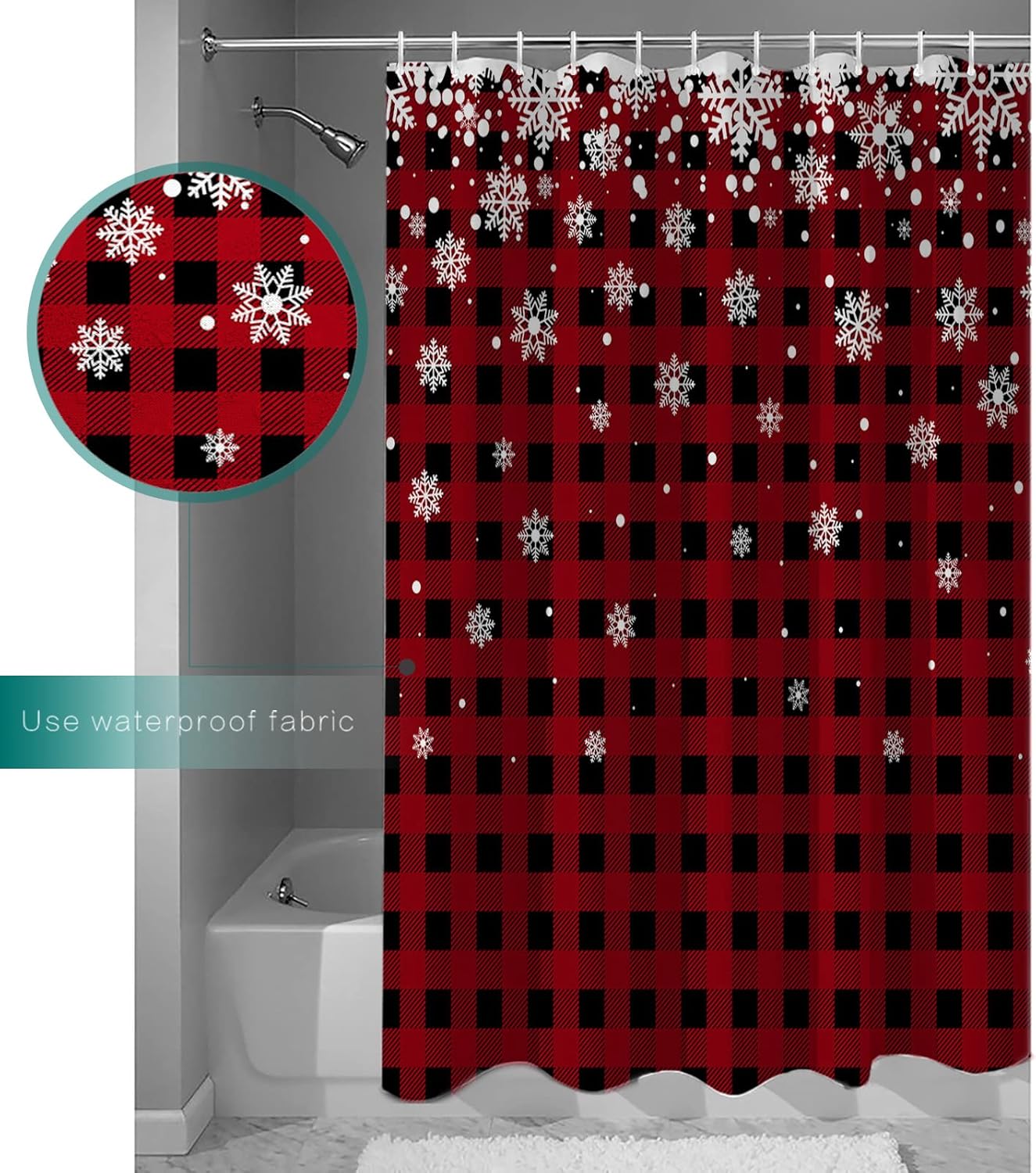Cortina de ducha de Navidad para baño, diseño de copos de nieve blanco sobre cuadros negros y rojos, juego de cortina de ducha impermeable con 12