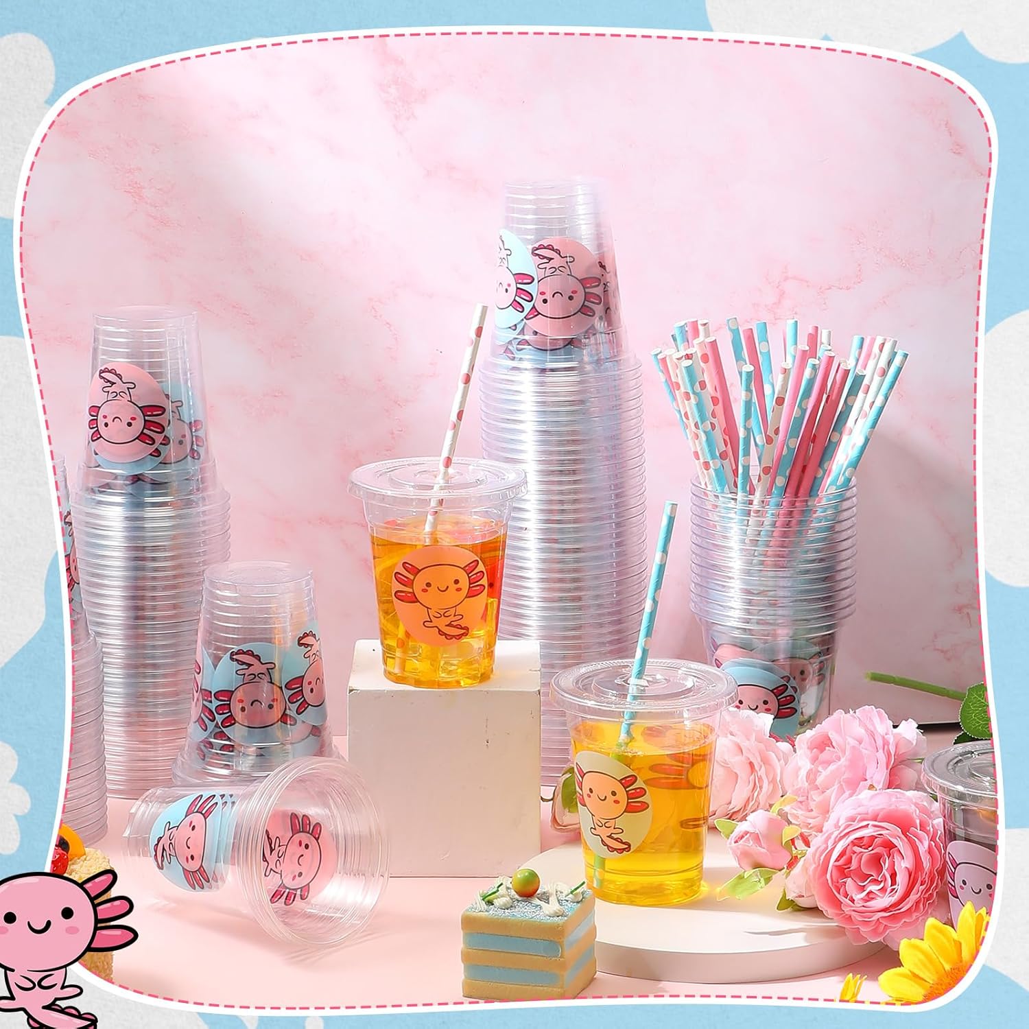 Juego de 120 vasos desechables de ajolote transparente de 12 onzas con tapas y pajitas de papel, tazas de café helado para niñas, decoración de