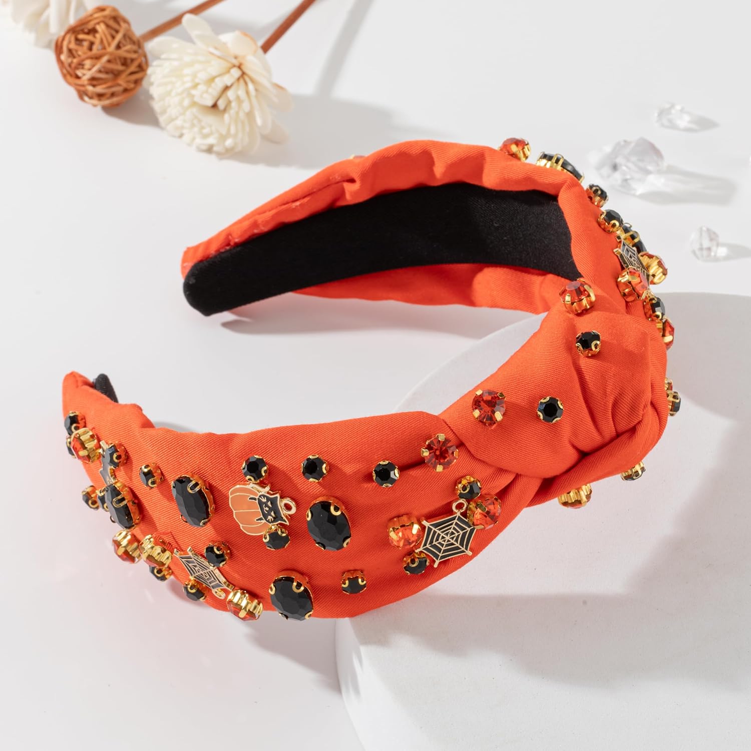Diadema de Halloween para mujer, diseño de telaraña de Halloween, murciélagos adornados con cristal mixto, banda para el cabello para mujer,