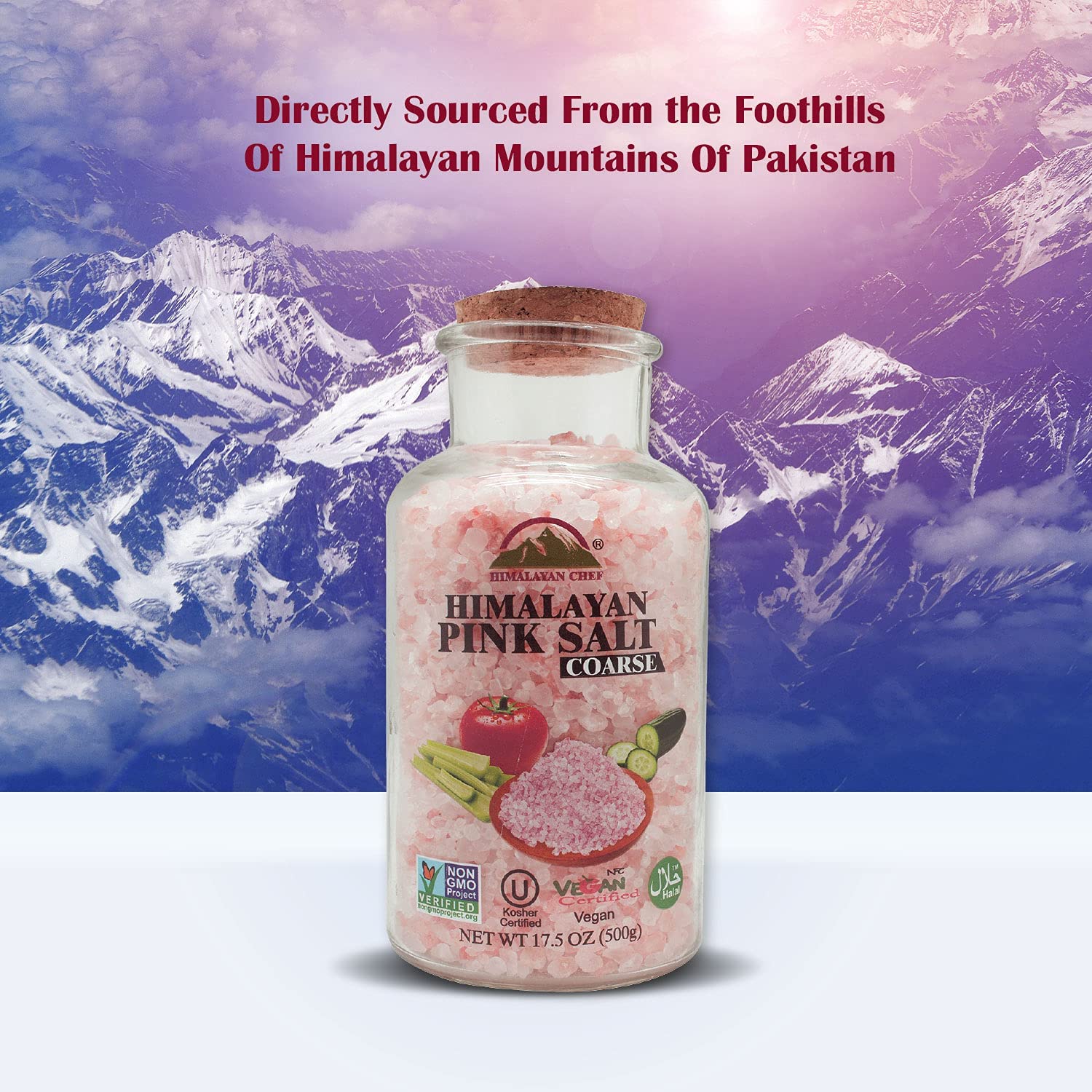 Himalayan Chef Sal rosada del Himalaya de grano grueso, tarro de boca ancha con sal gruesa de corcho, rosa, 17.5 onzas