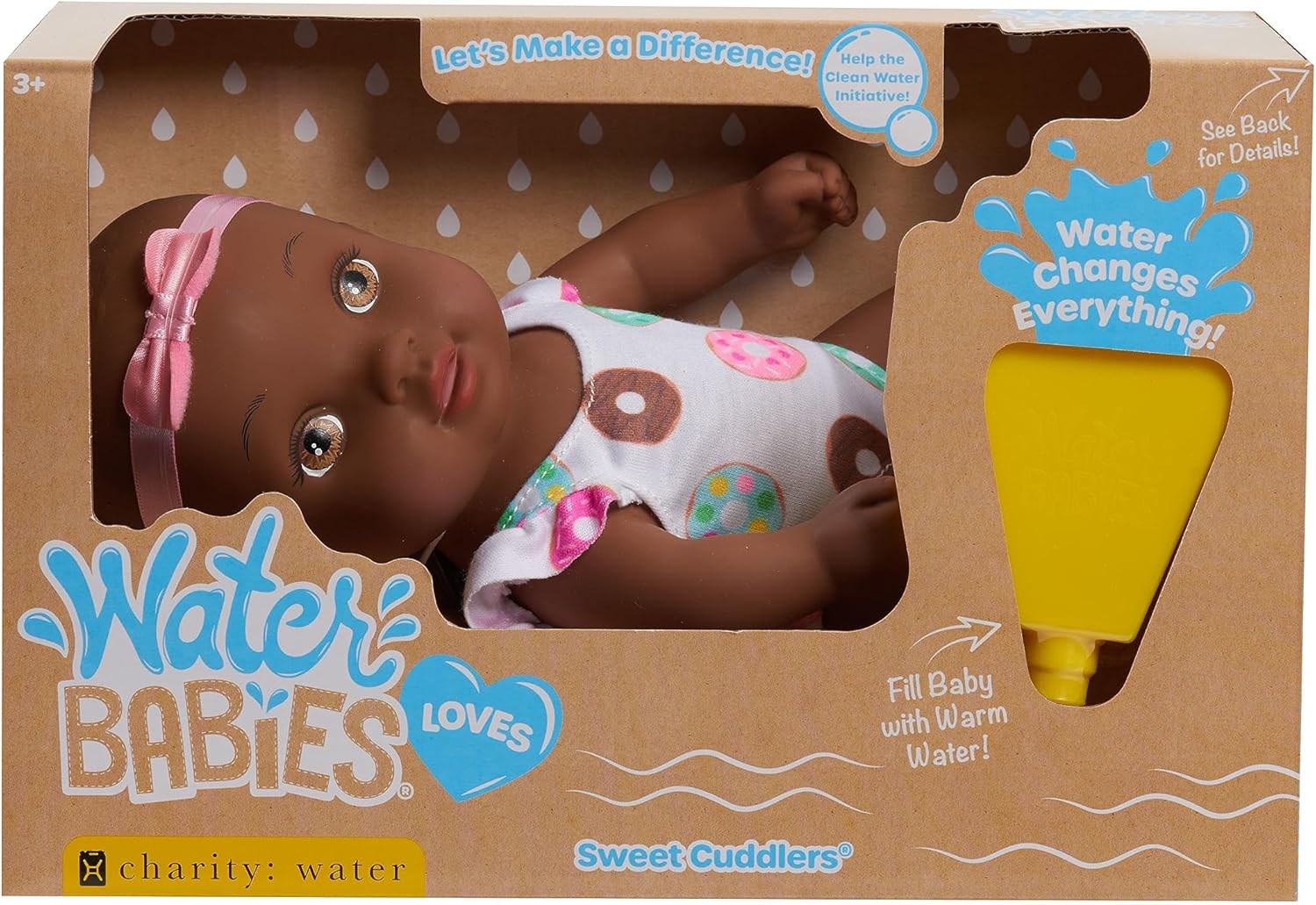 WaterBabies Just Play – Muñeca Sweet Cuddlers, Donuts, apoya una asociación con caridad agua, muñeca de bebé llena de agua, juguetes para niños a