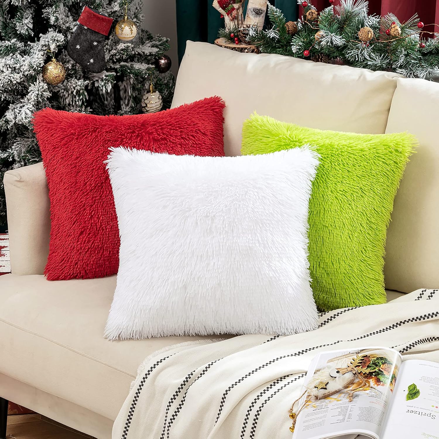 Woaboy Paquete de 2 fundas de almohada de piel sintética de lujo, decorativas, suaves y esponjosas, fundas de cojín cuadradas para sala de estar,