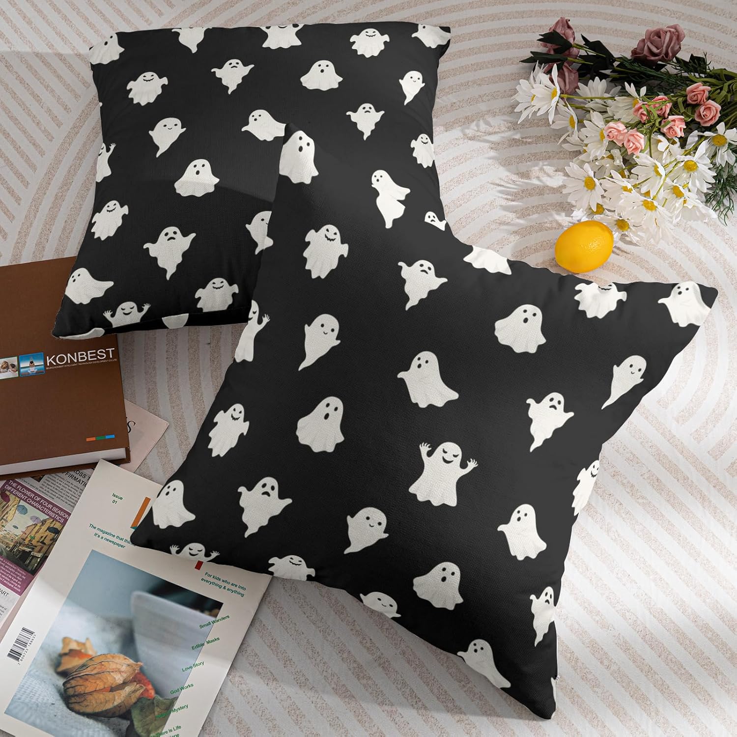 Juego de 2 fundas de almohada de fantasma de Halloween de 18 x 18 pulgadas, con temática espeluznante y aterradora para exteriores, decoración de