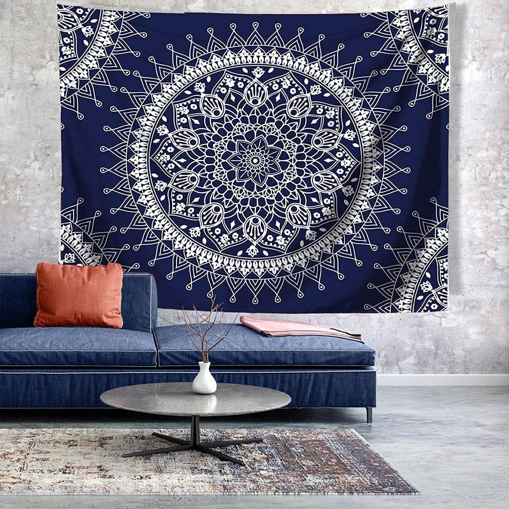 Jewelry-Box Bohemian Psychedelic Colorful Mandala Tapestry Wall Decoration for Room (Dark Blue&White)(59.1 * 78.7 inches, 150 * 200 cm)
