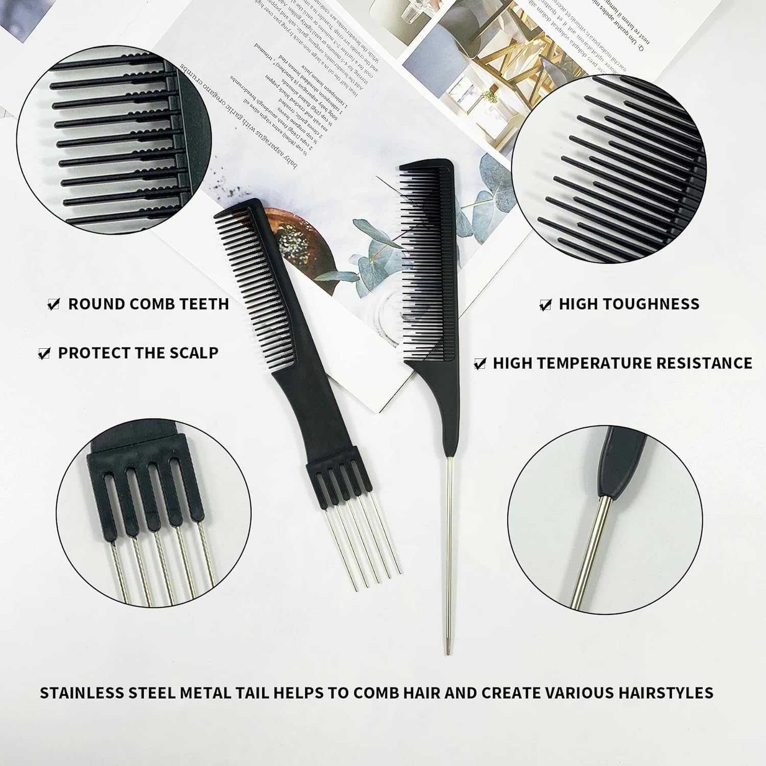 6 peines para el cabello, incluyendo 3 peines de cola de rata, 3 peines de elevación con punta de metal, peines de espalda para mujer, peinado de