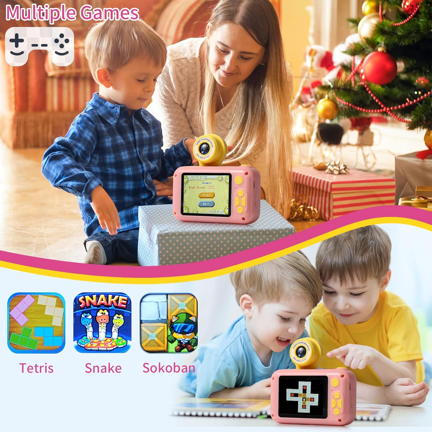 Cámara para niños, cámara digital con pantalla IPS de 2.4 pulgadas, cámara de lente abatible de 180, cámara selfie para niños con juego de
