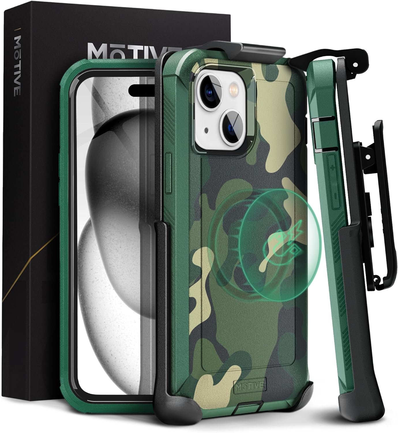 MOTIVE Funda diseñada para iPhone 15 con clip para cinturón, funda magnética compatible con Magsafe, resistente y de cuatro capas de protección de