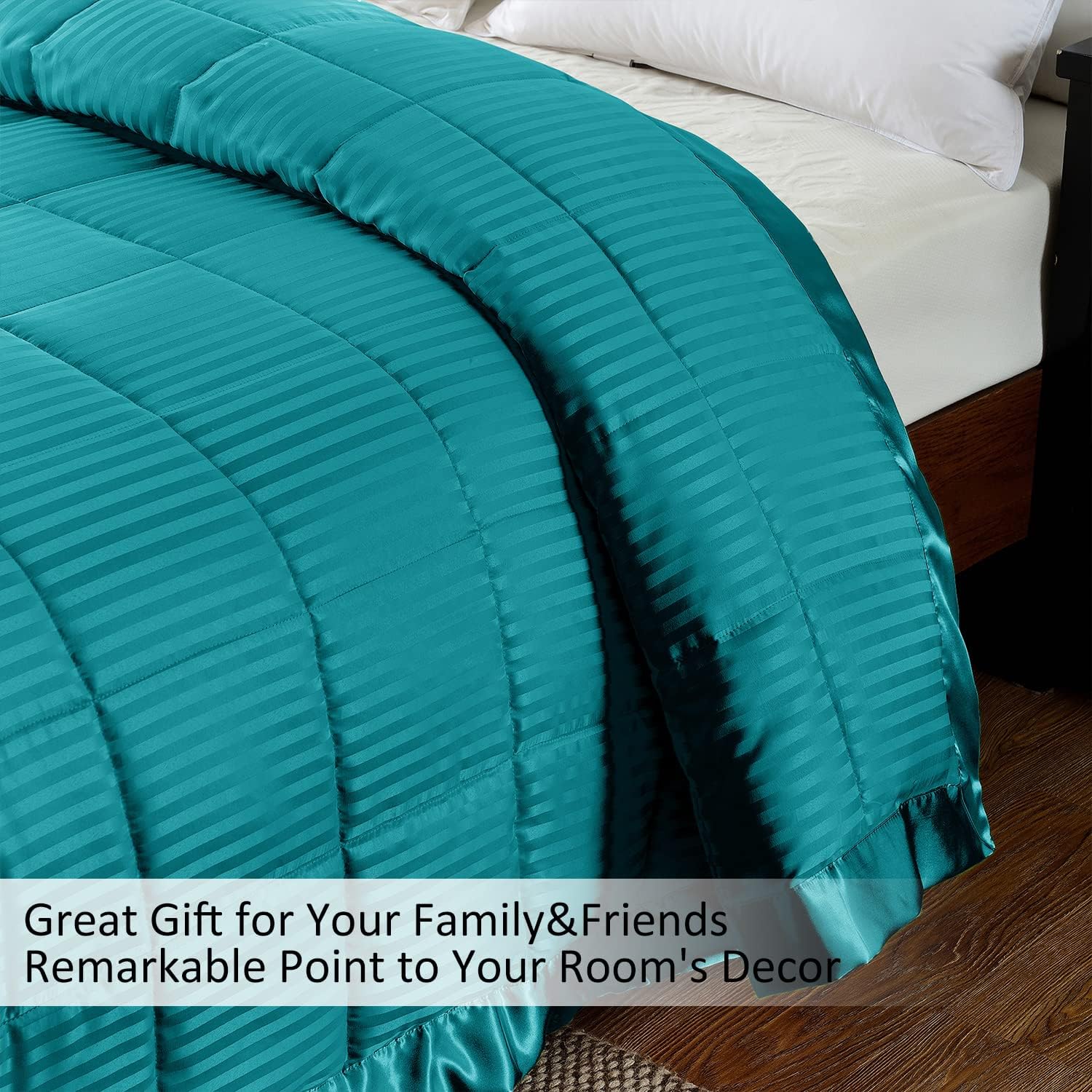 downluxe Manta de tamaño Queen con ribete satinado, ligera, alternativa de plumón tamaño Queen para todas las estaciones, lavable a máquina (verde