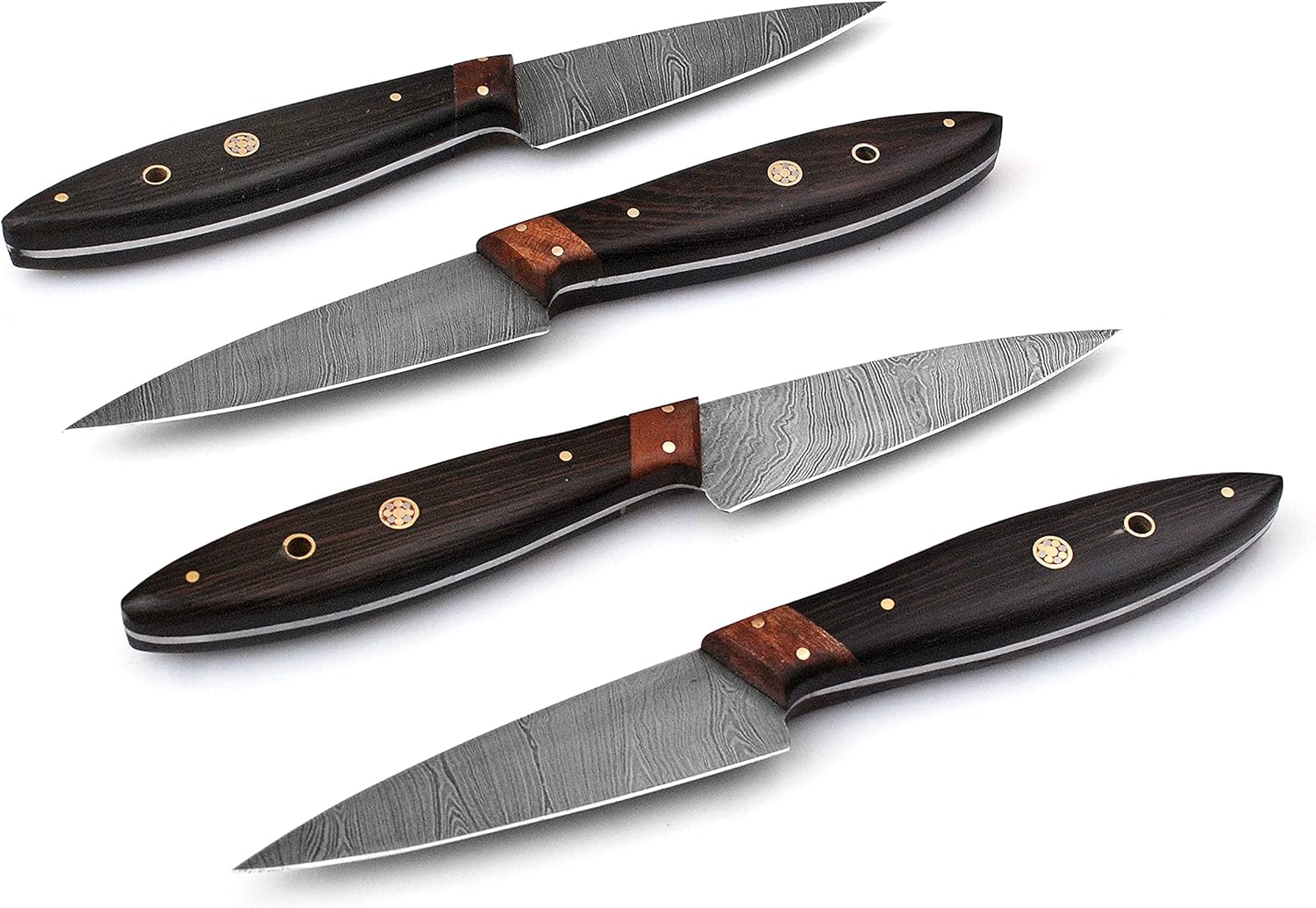 Juego de cuchillos de carne hechos a mano de acero de Damasco – Juego de 4 cuchillos para carne con mango de madera de Pakka (madera de wengué negro)