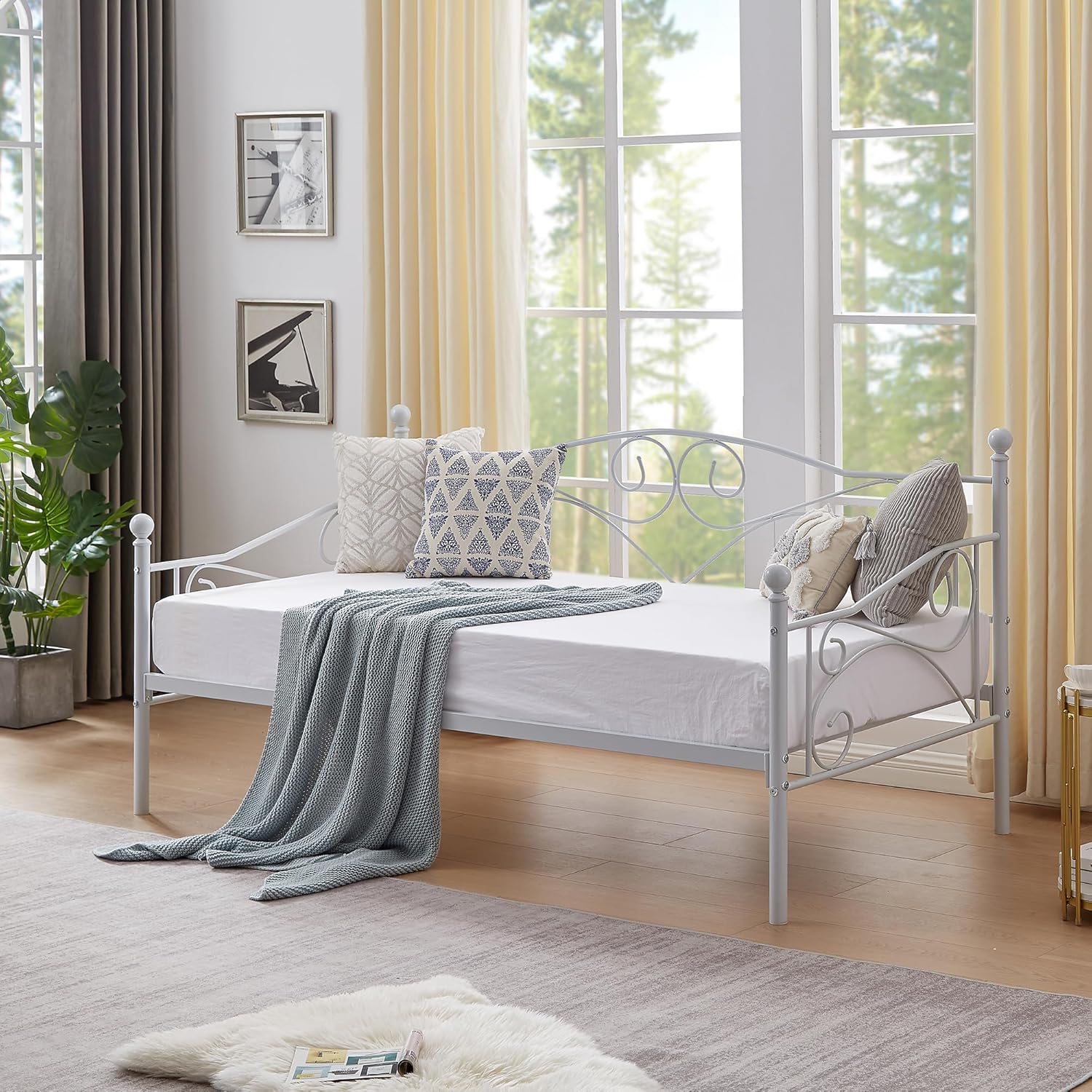 VECELO Sofá cama, marco de cama de metal individual con cabecero, listones de acero resistente para sala de estar, dormitorio, habitación de