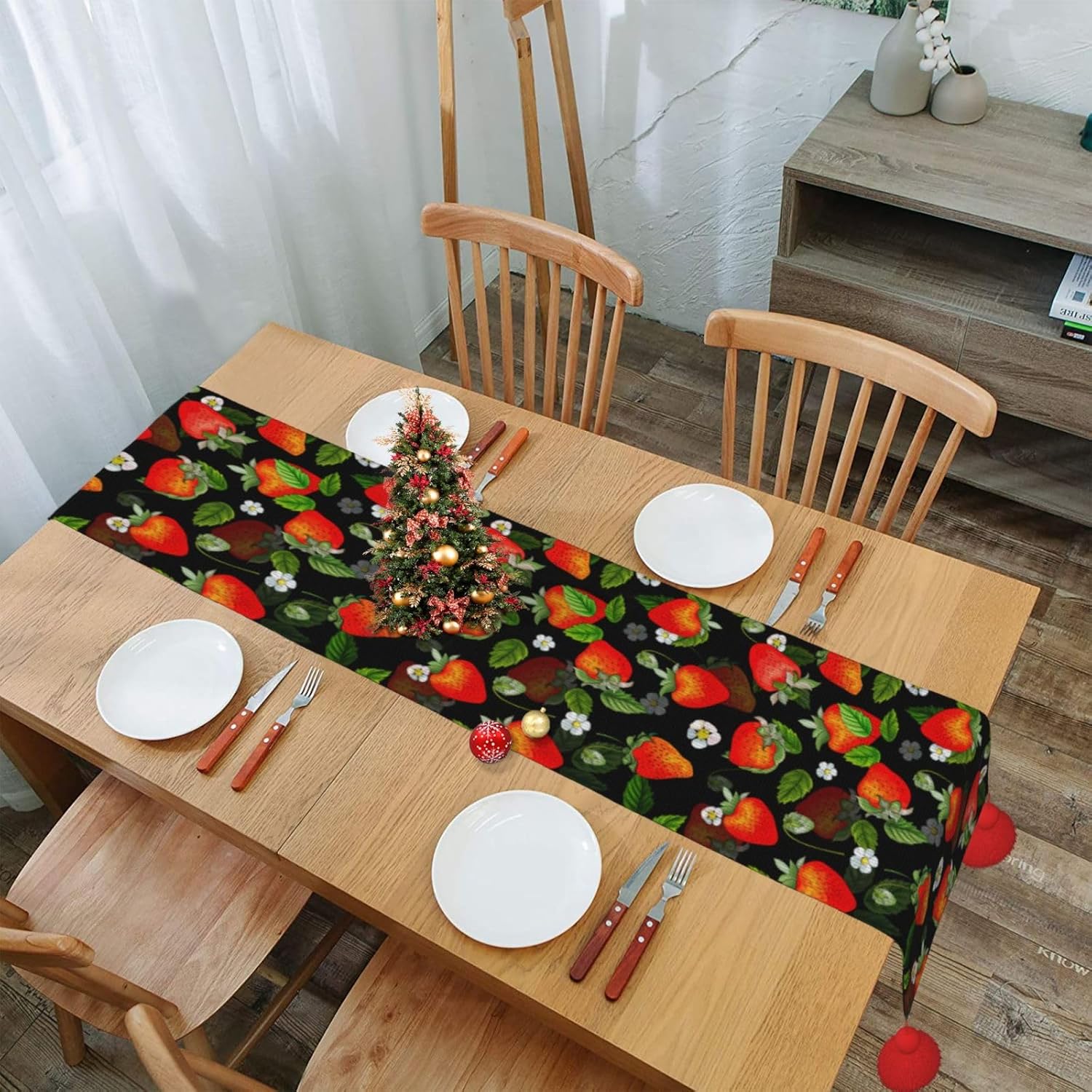 Camino de mesa de Navidad de fresas rojas, decoración de mesa de comedor, decoración de Navidad, decoración de interiores del hogar, caminos de mesa